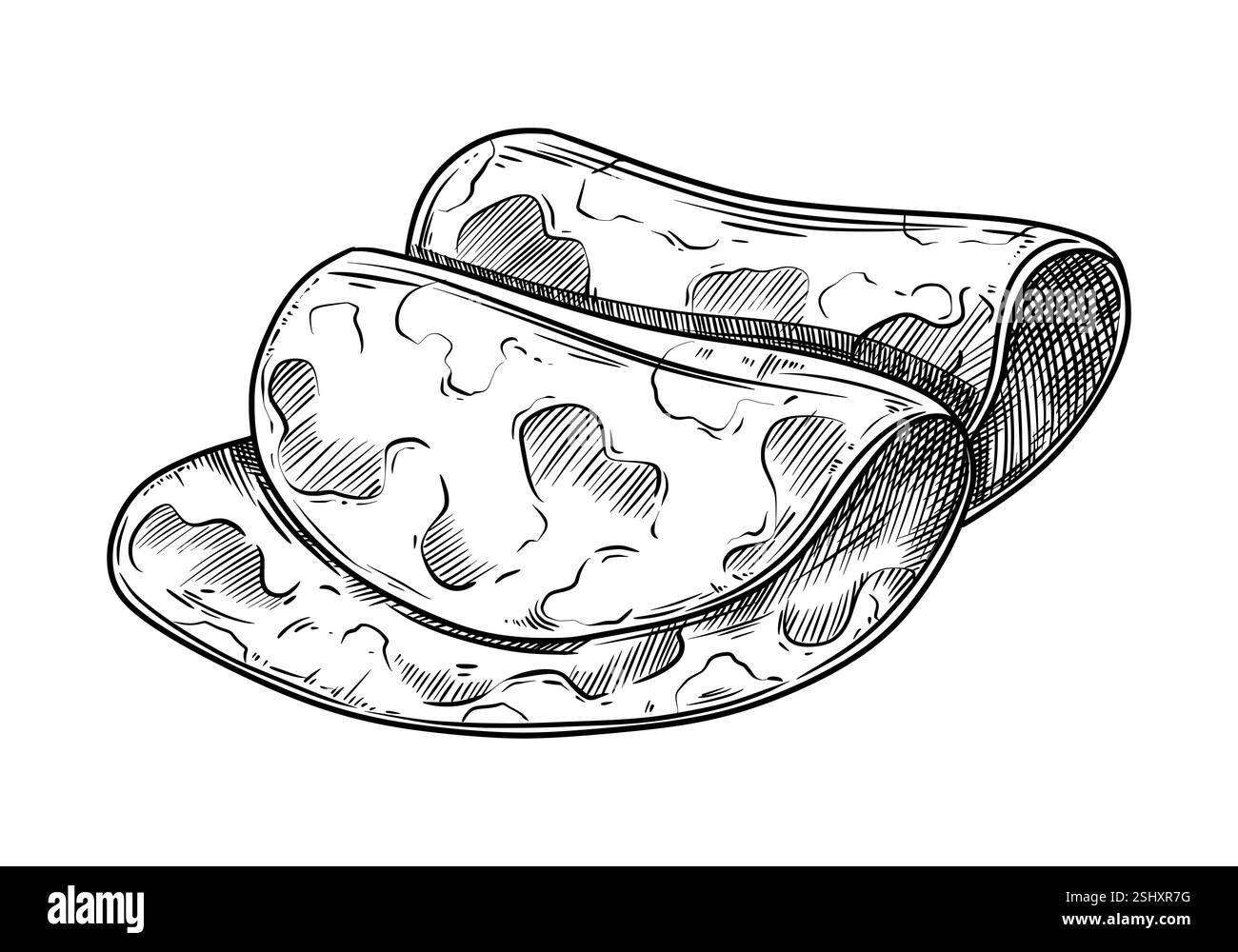 Prosciugare due fette di cibo in stile grafico. Contorno vettoriale disegnato a mano per il pasto a base di carne. Perfetto per il menu Illustrazione Vettoriale