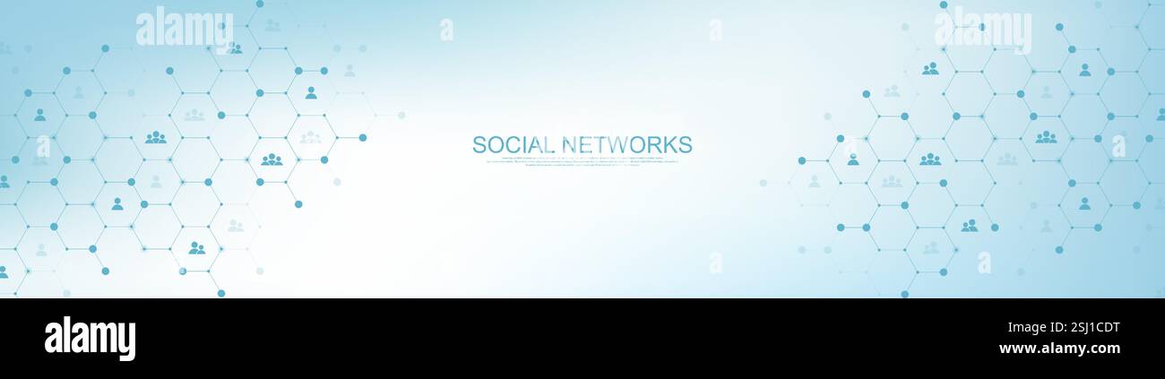 Concetto di comunicazione sui social network. Sfondo astratto della connessione di rete globale. Vettore web profondo. Banner Web intestazione orizzontale. Internet Illustrazione Vettoriale