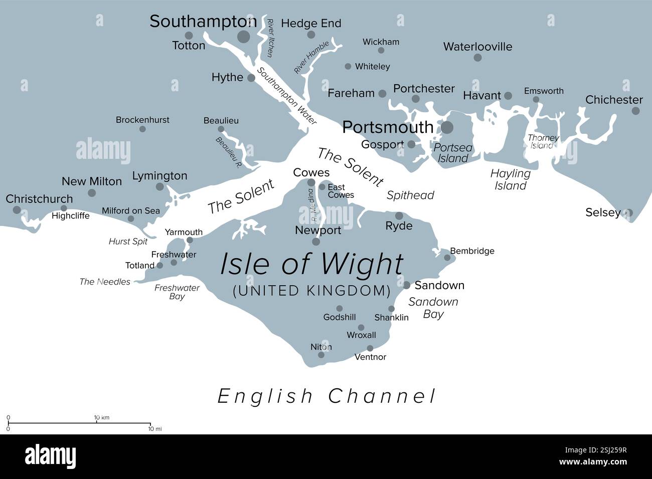 Isola di Wight, mappa politica grigia. Isole, contea e autorità unitaria nel Canale della Manica attraverso il Solent al largo della costa dell'Hampshire. Foto Stock