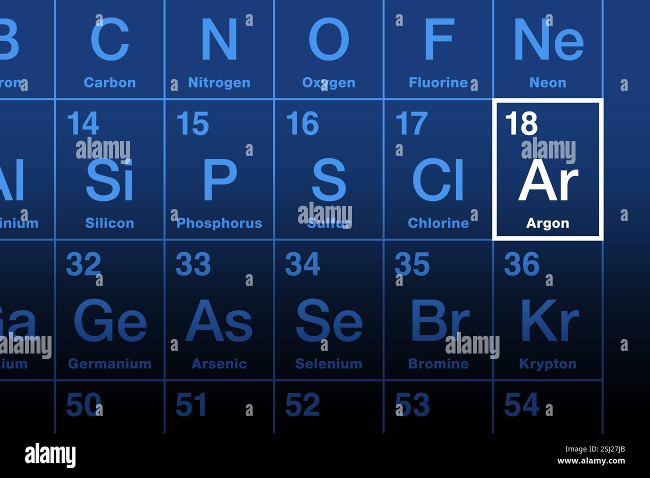 Elemento argon sulla tavola periodica. Gas nobile con numero atomico 18 e simbolo AR dalla parola greca argon, che significa pigro o inattivo. Foto Stock