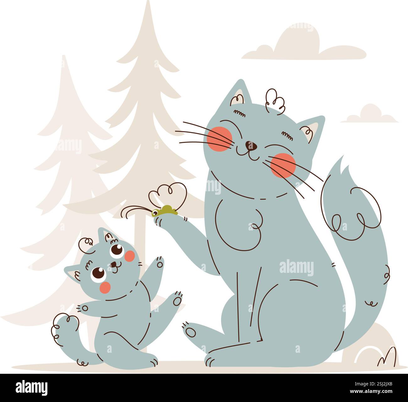 Adorabile illustrazione digitale di una gatta madre e gattino che si godono la natura, con una farfalla e alberi sullo sfondo, disegnati in uno stile stravagante. Cu Illustrazione Vettoriale