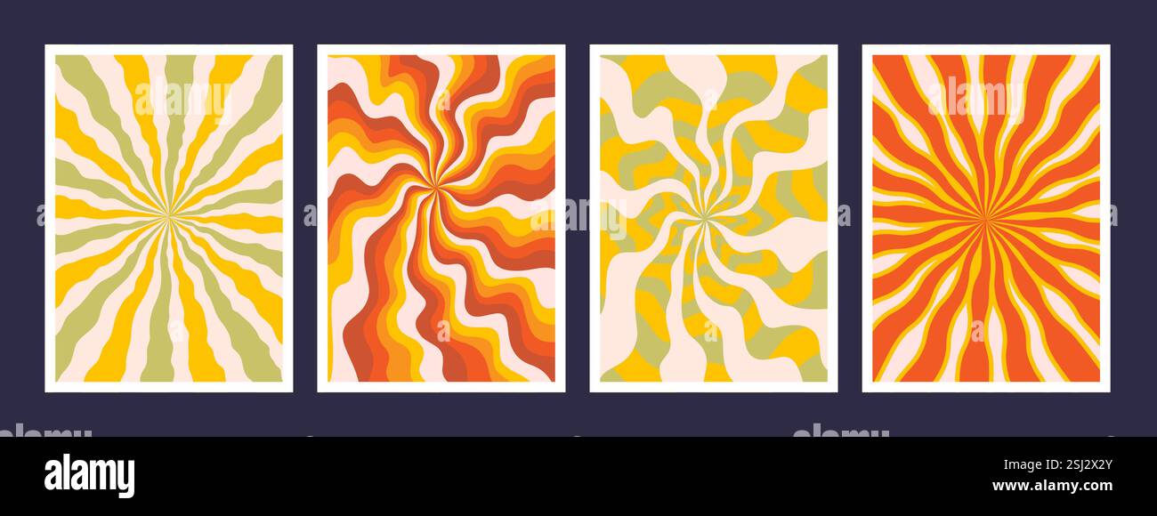 Set di strisce ondulate radiali psichedeliche astratte. Sfondi soleggiati dai colori retrò. Elegante texture vettoriale intrecciata in astratto y2k Illustrazione Vettoriale