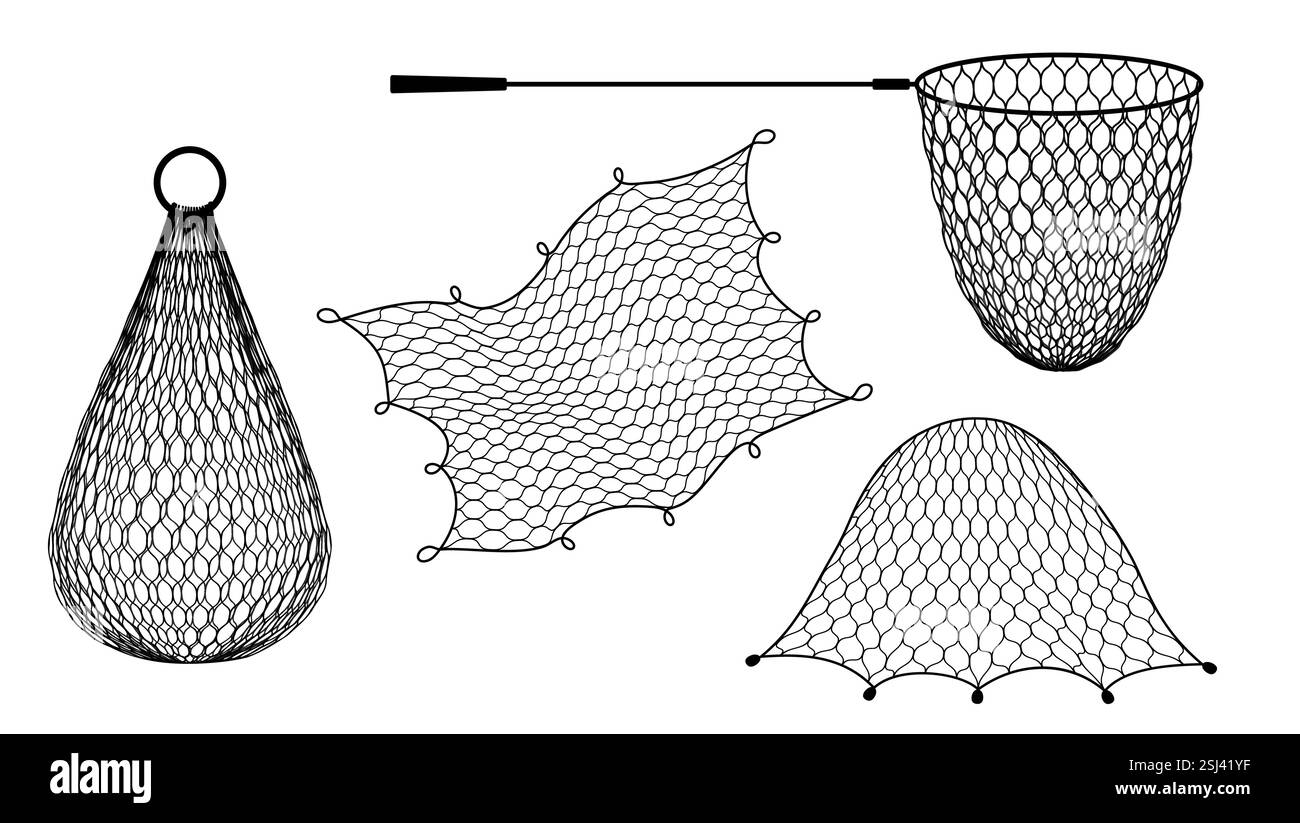 Reti da pesca isolate, trappole e reti da traino o acquari e sciabiche, attrezzature per pescatori vettoriali. Reti da imbrocco o trappole da imbrocco e tonnara, reti a circuizione o tr Illustrazione Vettoriale