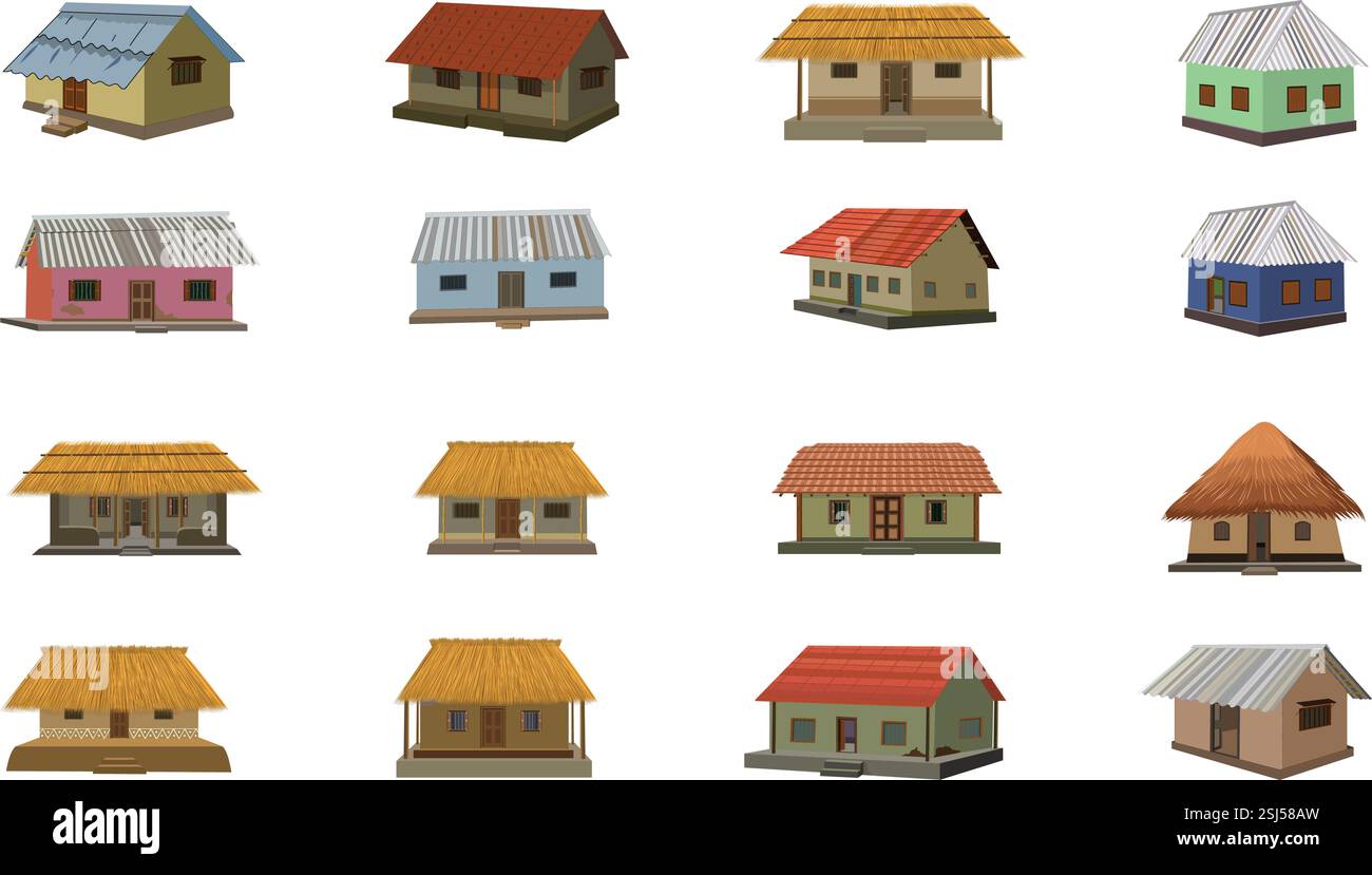 Set di case isolate su sfondo bianco. Collezione di illustrazioni per capanne vettoriali. Design asiatico per la casa Illustrazione Vettoriale