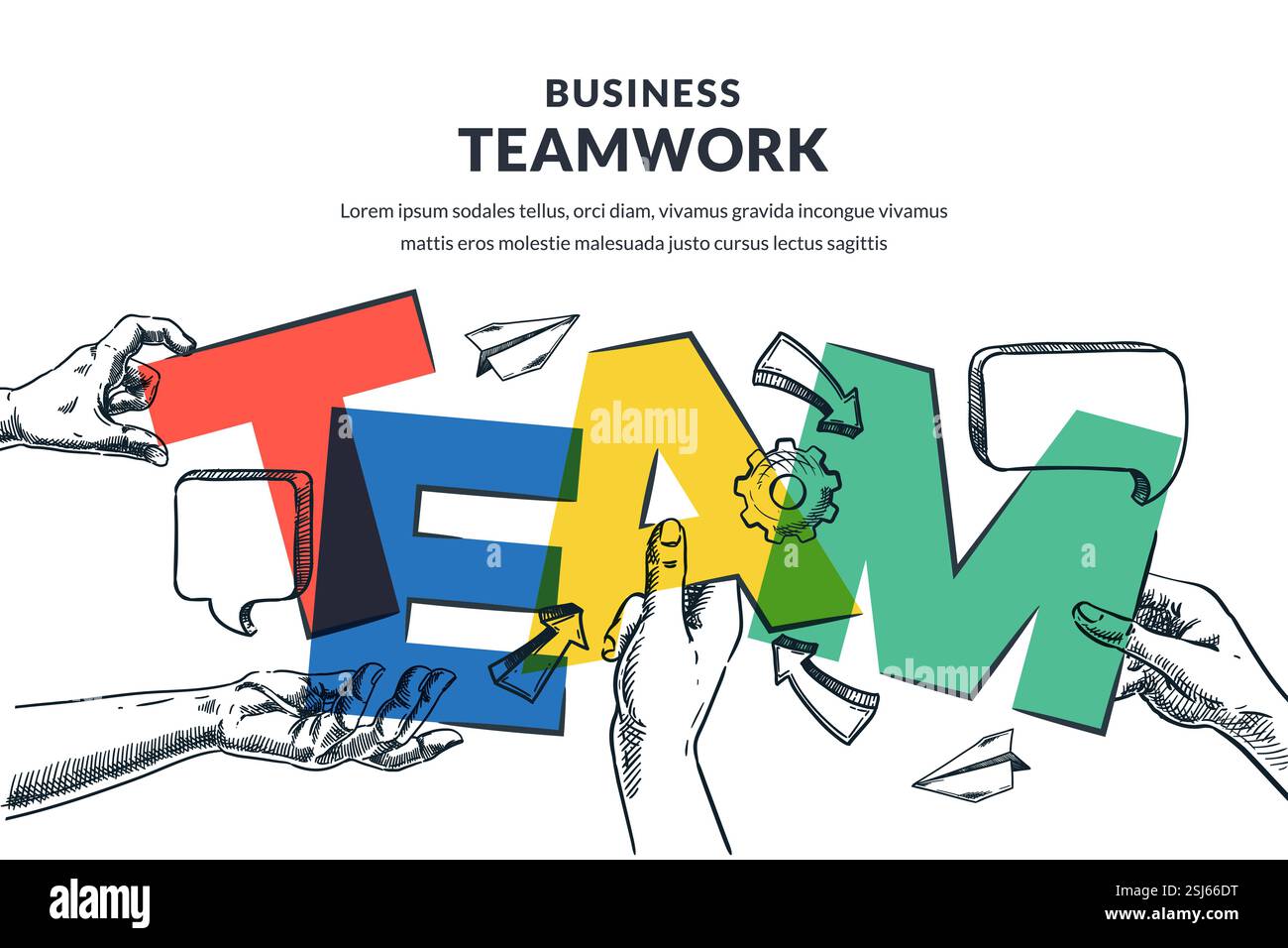 Mani umane con lettere colorate che si collegano a una squadra di parole. Lavoro di squadra, concetto di strategia di partnership. Illustrazione vettoriale dello schizzo disegnato a mano del busin Illustrazione Vettoriale