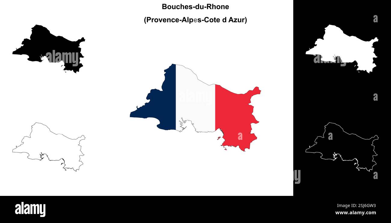 Set di mappe delineate del dipartimento Bouches-du-Rhone Illustrazione Vettoriale