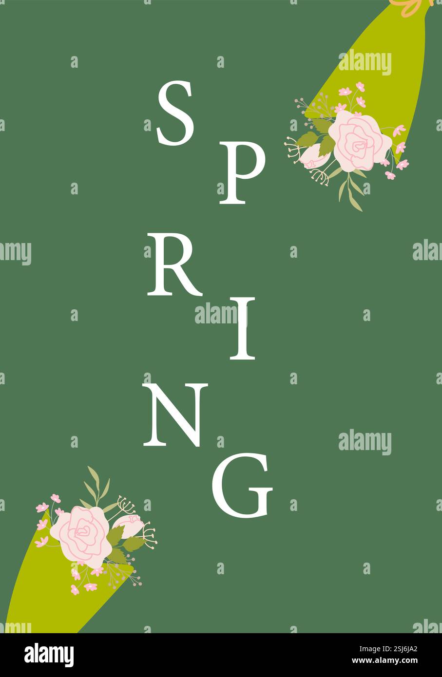 Festa di primavera con design floreale e sfondo verde. Illustrazione Vettoriale