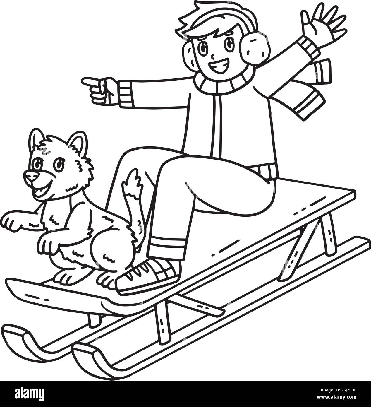 Sledding Boy con una pagina da colorare isolata per cani Illustrazione Vettoriale