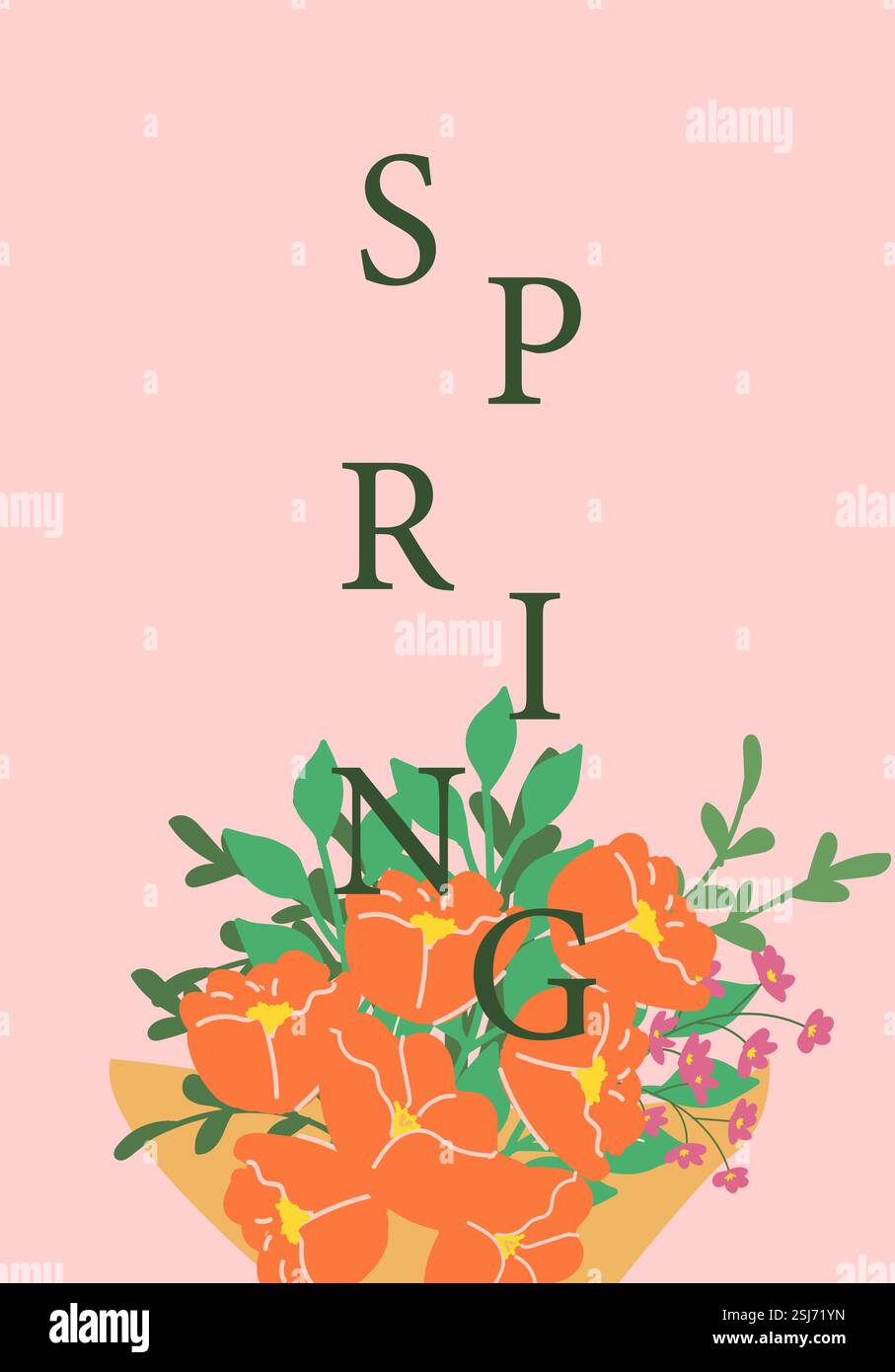 Bouquet primaverile con vivaci fiori arancioni su sfondo rosa pastello. Illustrazione Vettoriale