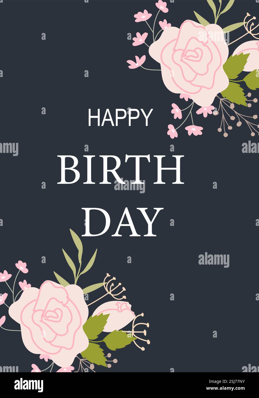 Elegante biglietto di compleanno con rose rosa su sfondo scuro. Illustrazione Vettoriale