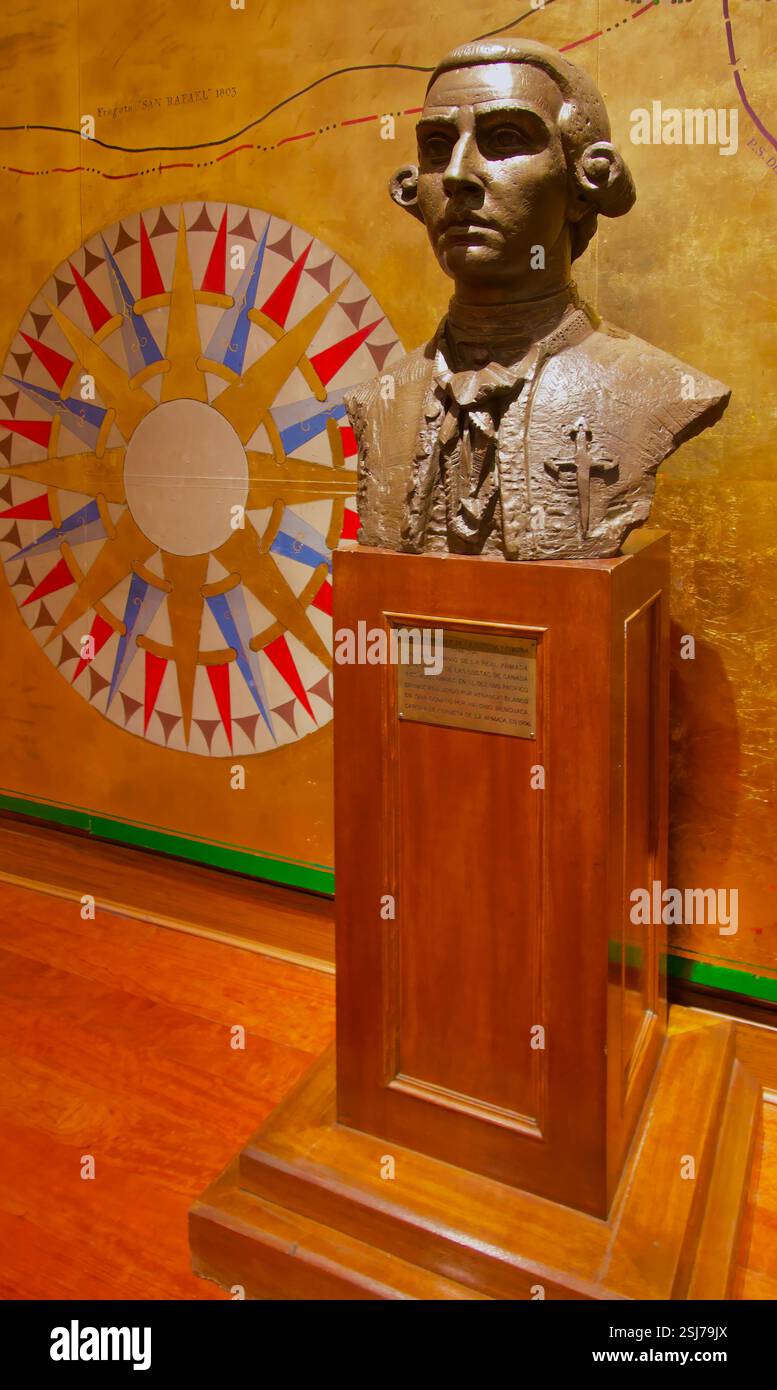 Scultura del busto in bronzo del 1994 di Juan Francisco de la Bodega y Quadra ufficiale spagnolo di Criollo del Museo Navale di Venancio Blanco Madrid Spagna Europa Foto Stock