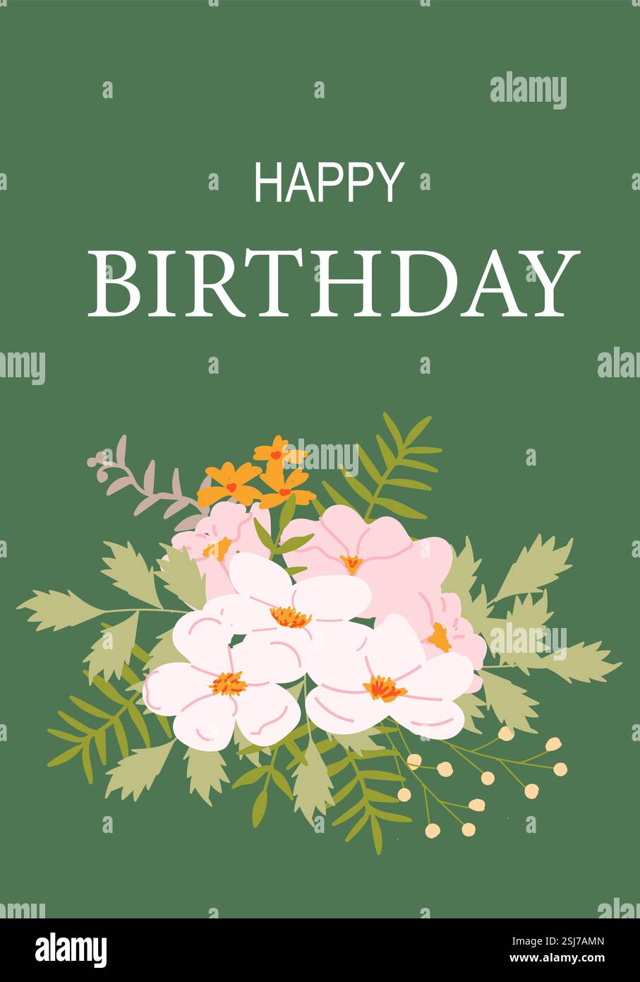 Biglietto di compleanno floreale con fiori rosa su sfondo verde. Illustrazione Vettoriale