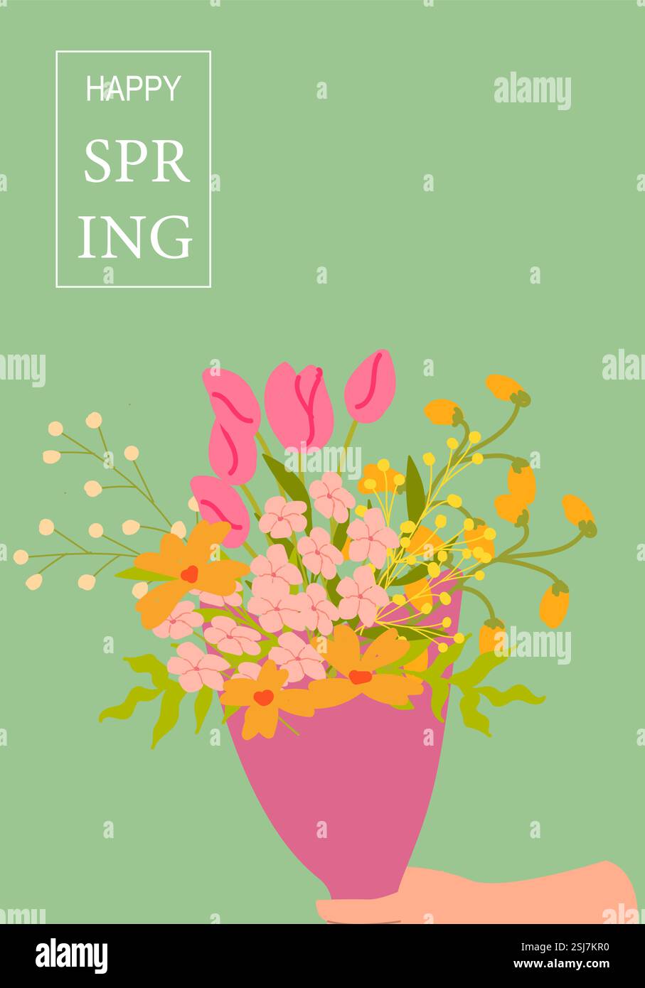 Colorato bouquet primaverile in vaso rosa con mano su sfondo verde. Illustrazione Vettoriale