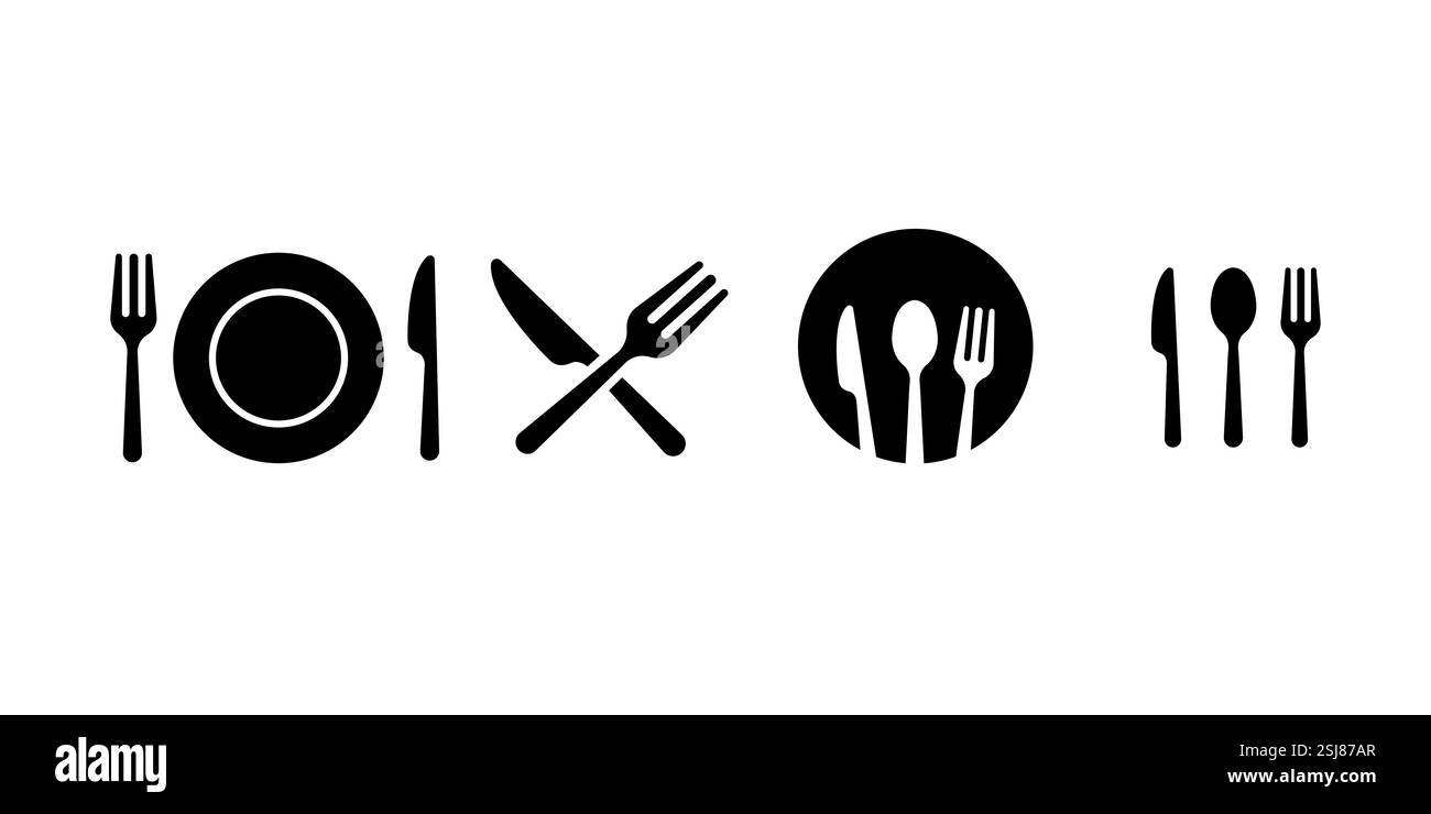 Icona di piastra, coltello e forchetta isolata su sfondo bianco con vettore piatto. Illustrazione Vettoriale