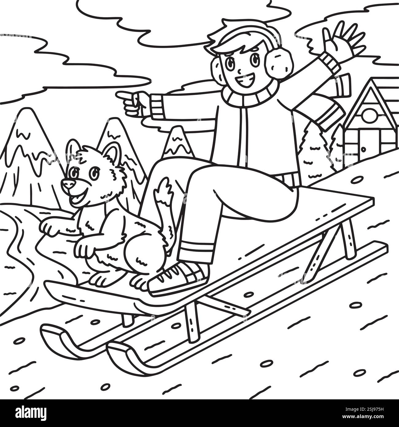 Sledding Boy con una pagina da colorare per i bambini Illustrazione Vettoriale