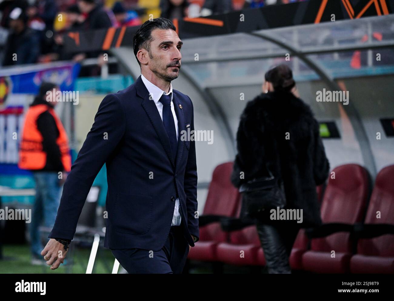 Elias Charalambous (FCSB) nella foto prima della partita a gironi della UEFA Europa League tra FCSB (Romania) e Manchester United (Inghilterra) tenutasi il 30 gennaio 2025 alla National Arena di Bucarest. Foto Stock