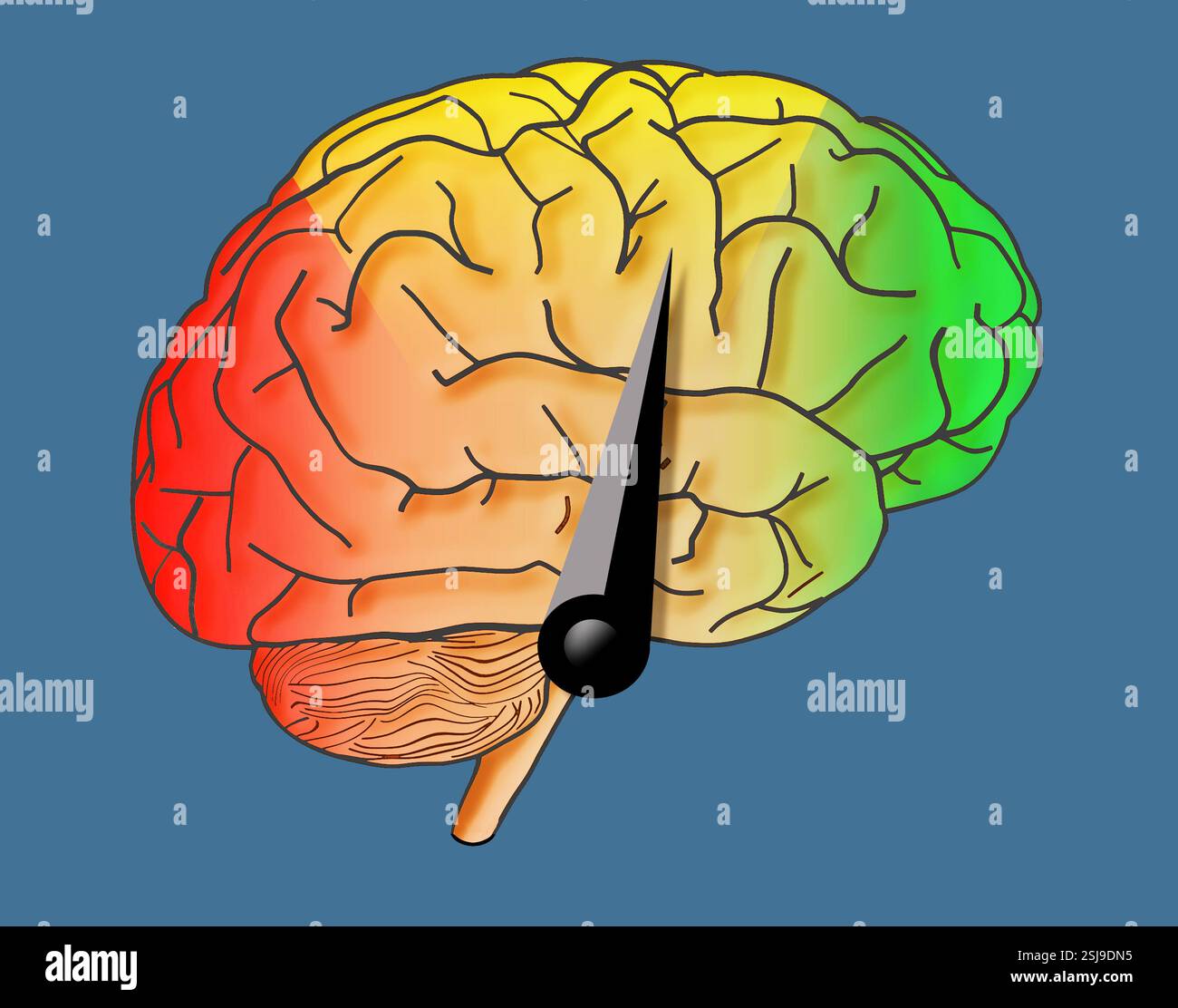 La funzione cerebrale viene misurata su un quadrante colorato e un ago che puntano al livello di funzionamento del cervello. Questa è una figura in 3D. Isolato a Foto Stock