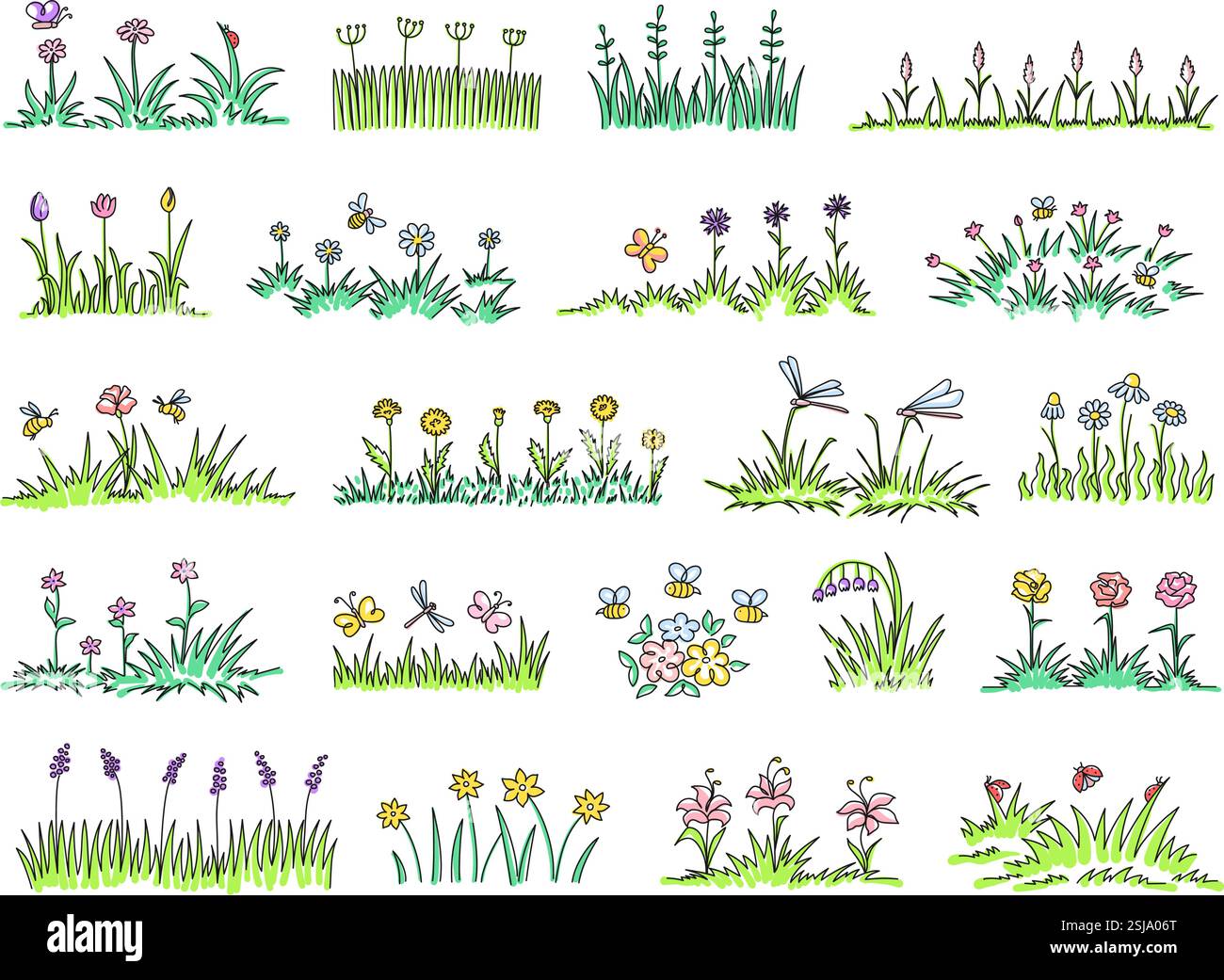 Ciuffi di erba elastica disegnati a mano. Colorato giardino con macchie di erba con fiori di campo in fiore e insetti volanti. Verde prato isolato Illustrazione Vettoriale