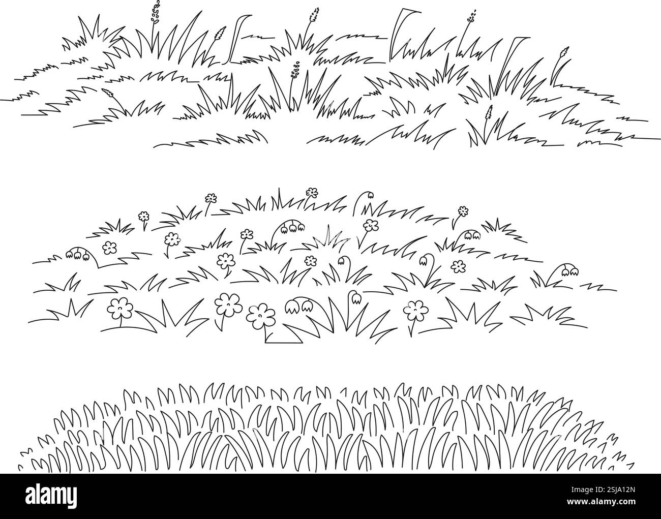 Disegna l'erba del prato. Fiancheggia il campo d'arte primaverile con ciuffi di erbe selvatiche naturali e fiori selvatici in fiore, semplice vettore decorativo di erba disegnata a mano Illustrazione Vettoriale