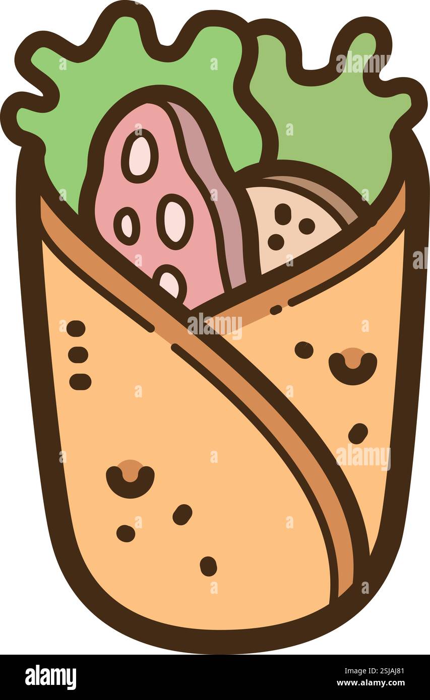 Illustrazione e grafica del doodle vettoriale burrito. Fa parte della categoria dei fast food. Illustrazione Vettoriale