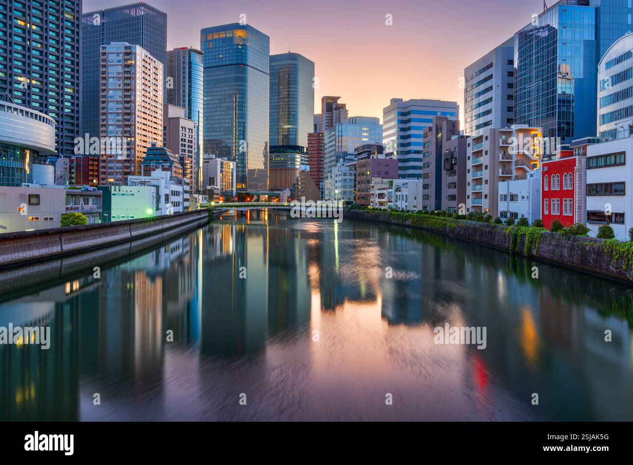 Osaka, paesaggio urbano giapponese sul fiume Ogawa al crepuscolo. Foto Stock