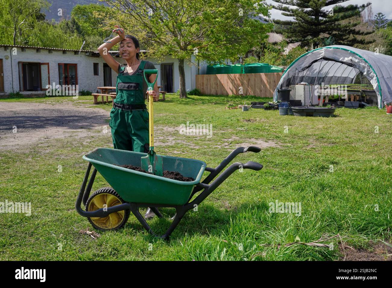 Donna in piedi accanto alla carriola in giardino Foto Stock