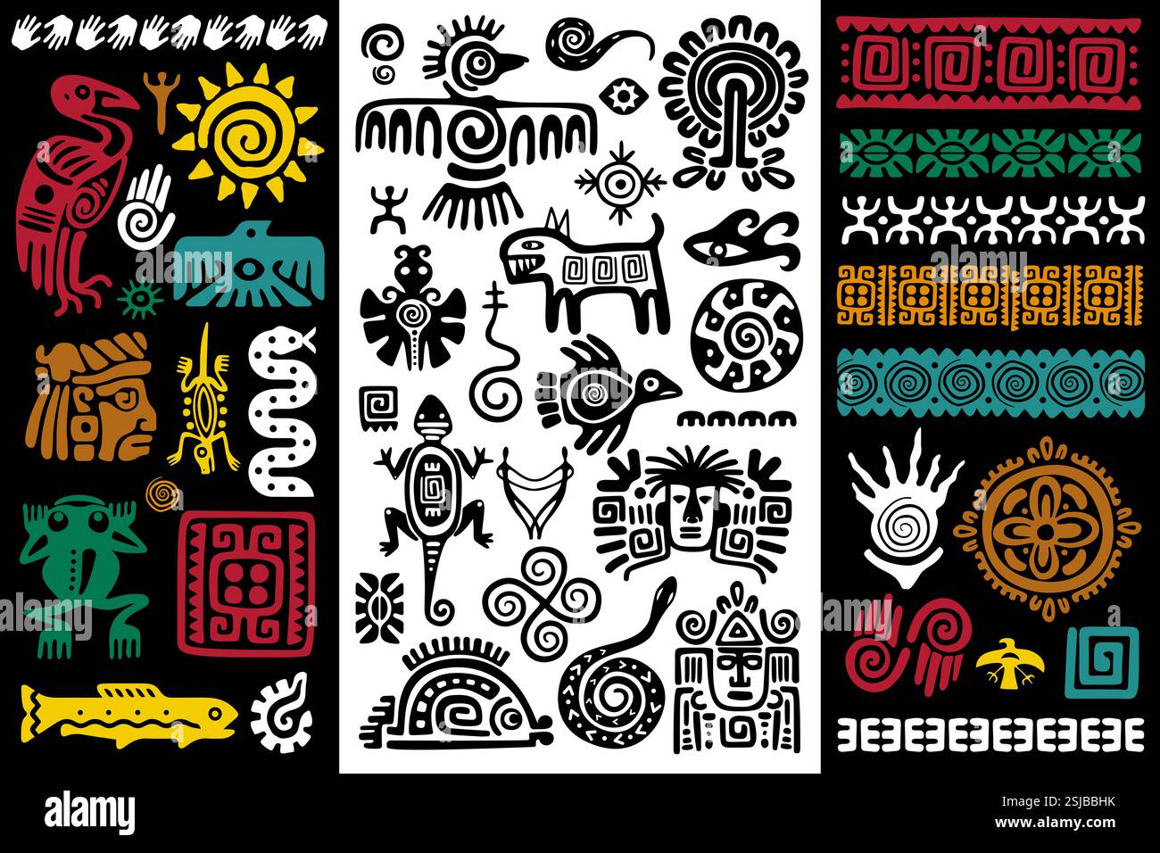 Ornamenti tribali polinesiani per tatuaggi. Antichi simboli tribali indigeni con animali, sole e figure umane. Modelli etnici con forme geometriche e S. Illustrazione Vettoriale