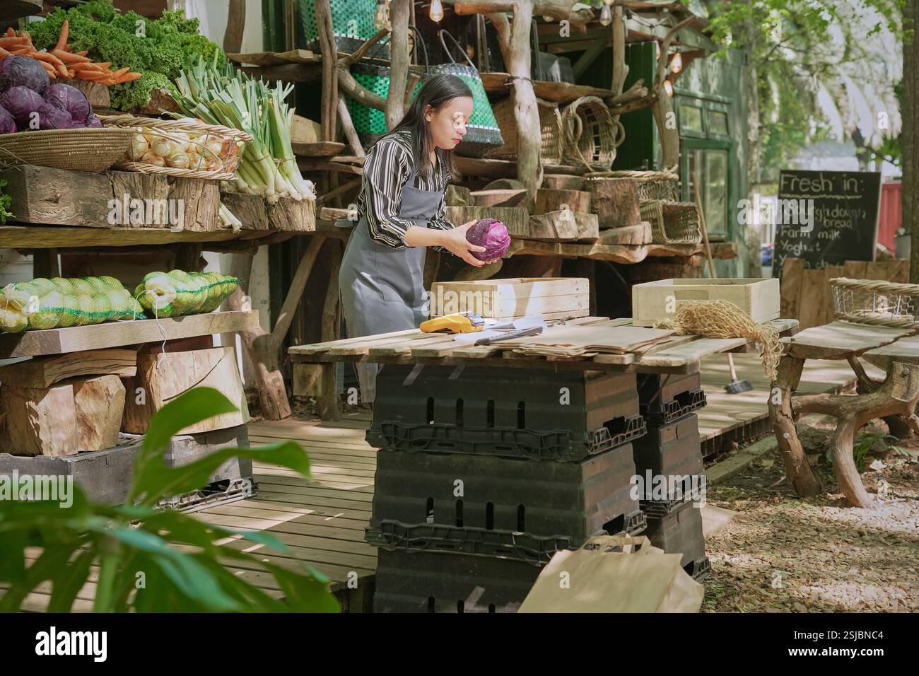 Donna disabile che lavora al mercato agricolo Foto Stock