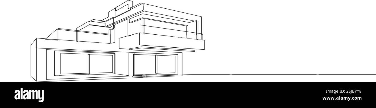 Un disegno a linea continua di una casa o di un negozio a tetto piatto. Schizzo lineare nero di stile minimalista di un edificio moderno isolato su sfondo bianco. Vettore i Illustrazione Vettoriale