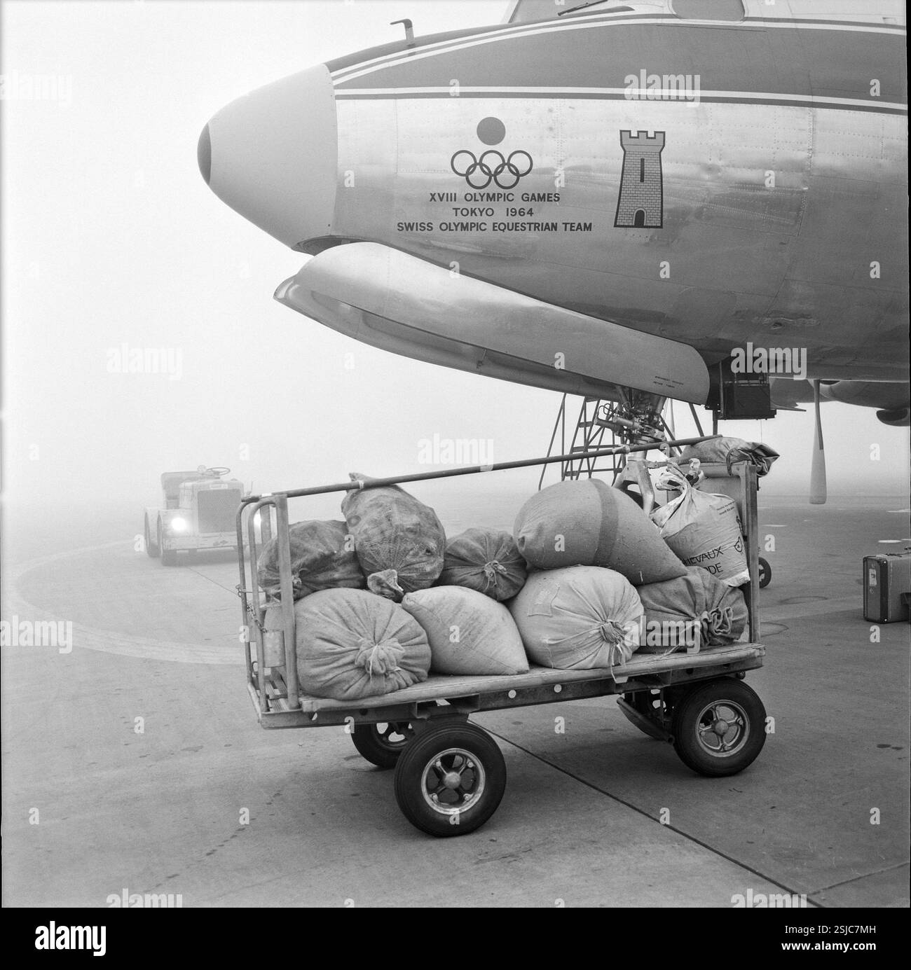 --- OS Tokio 1964: Abflug des Schweizer Reiter-Teams, Flughafen Zürich-Kloten; Säcke Pferdefutter#Giochi Olimpici di Tokyo 1964: Partenza della squadra di equitazione svizzera, aeroporto di Zurigo-Kloten; sacchetti di cibo per cavalli- RDB DI DUKAS Foto Stock