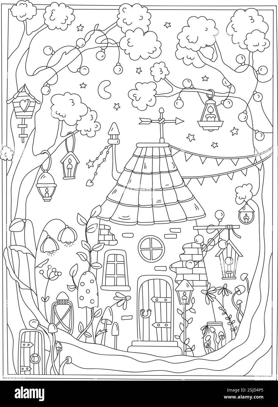 Coloring Page presenta Una piccola casa in Una foresta notturna Illustrazione Vettoriale