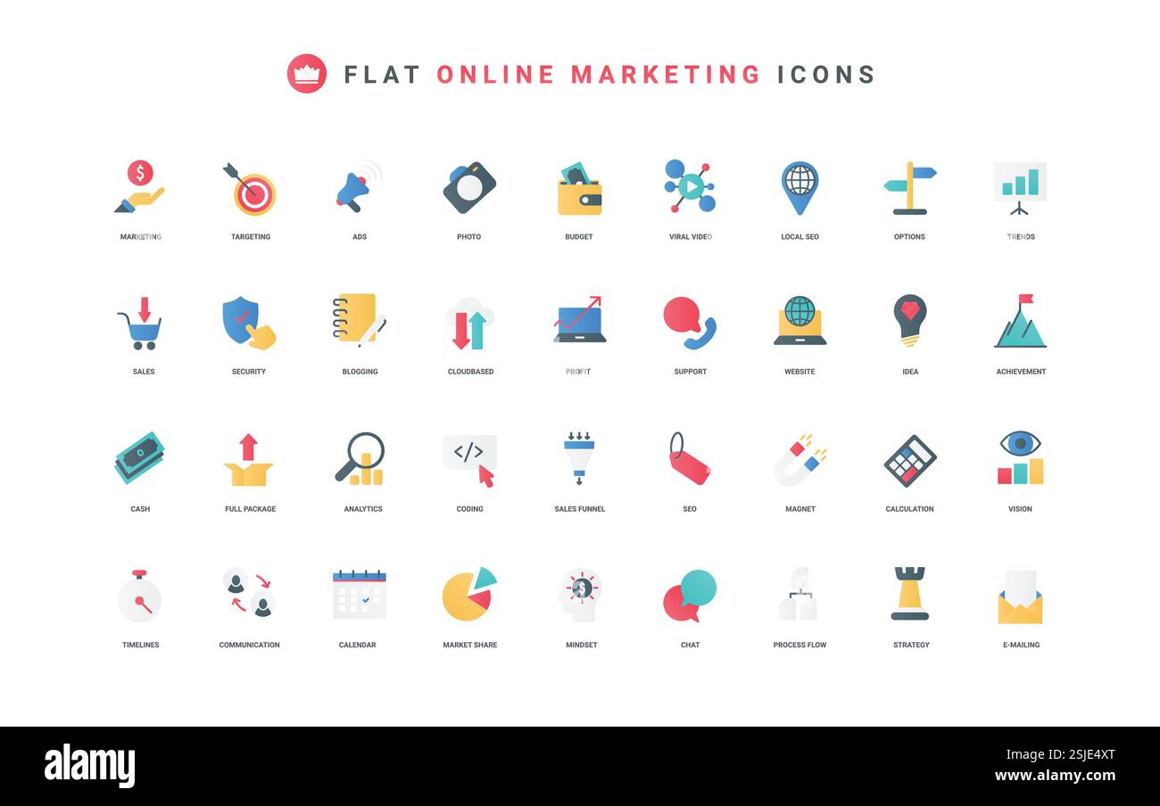 Strategia di marketing digitale, abilitazione e generazione di lead, set di icone a colori per contenuti fotografici e video. Imbuto di vendita e magnete per il pubblico, visione delle tendenze e illustrazione vettoriale degli elementi di profitto piatti Illustrazione Vettoriale