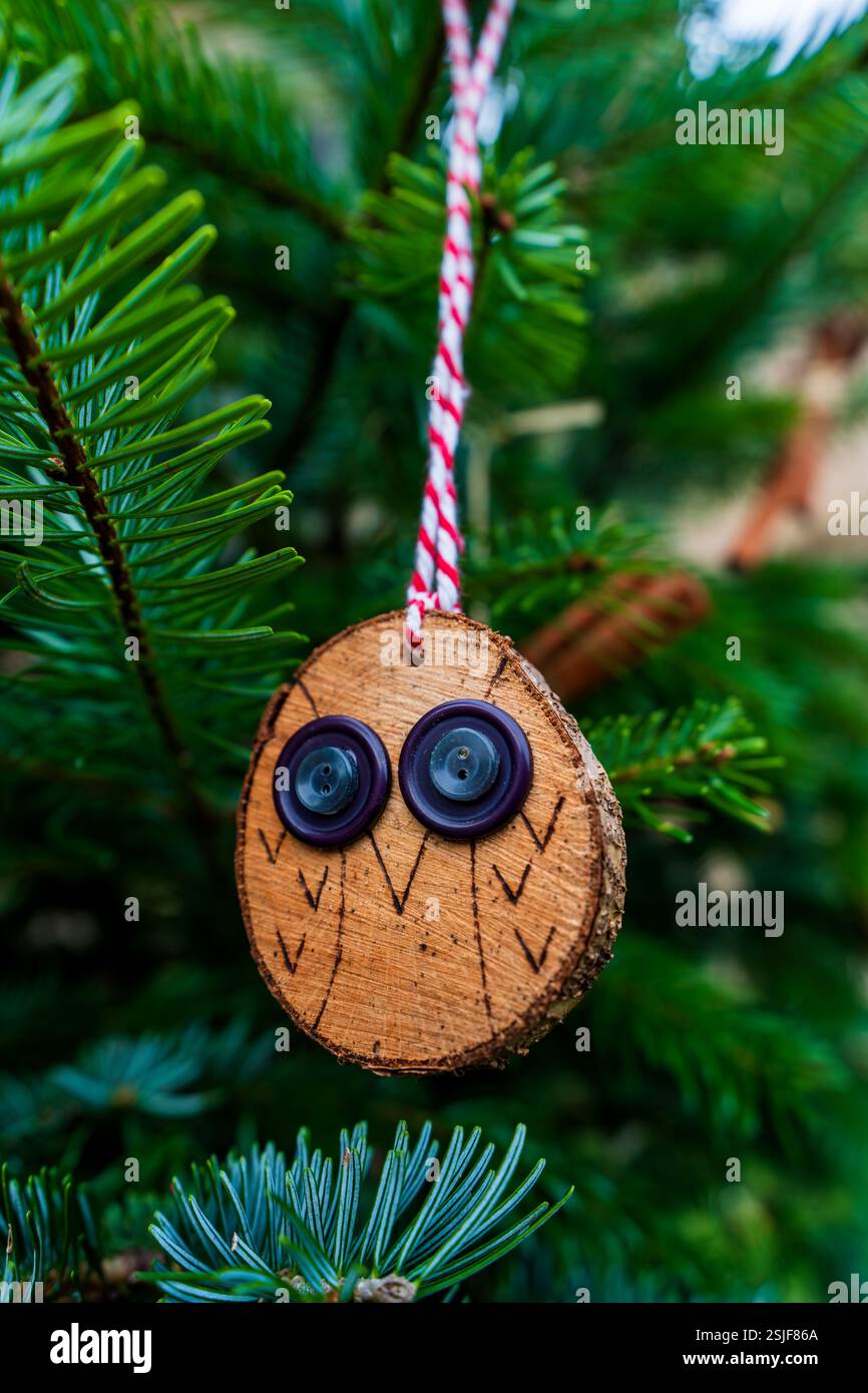 Ornamento rustico di gufo in legno appeso su un ramo di pino fresco con fascino artigianale ed eleganza naturale Foto Stock