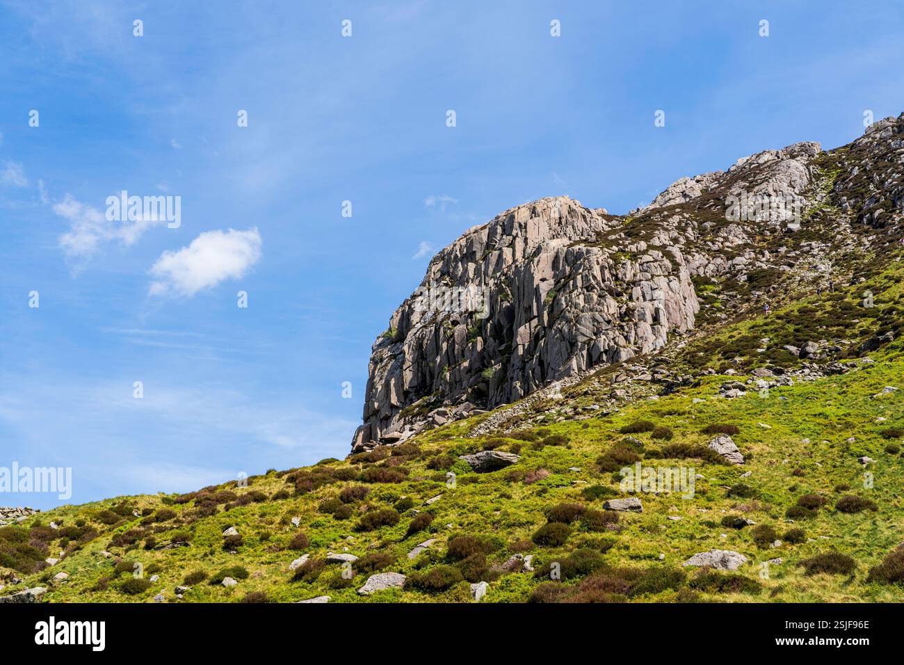 Maestosa scogliera Rugged a Cwm Idwal nella Glyderau Range, North Eryri (Snowdonia), catturando la potenza cruda della natura e la bellezza senza tempo Foto Stock