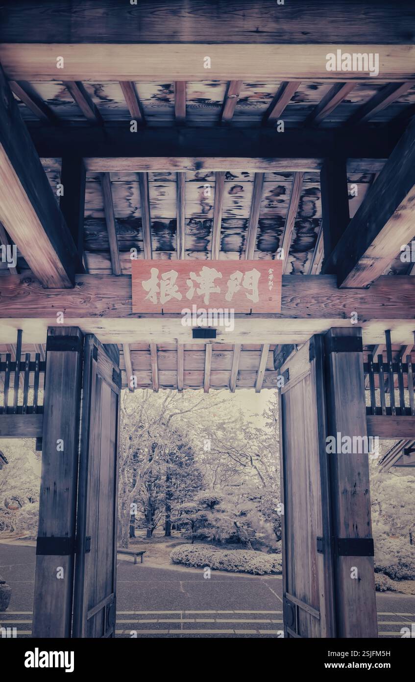 Una fotografia cattura l'ingresso di un giardino giapponese tradizionale a Portland, Oregon, mostrando un cancello di legno con dettagli intricati. Foto Stock