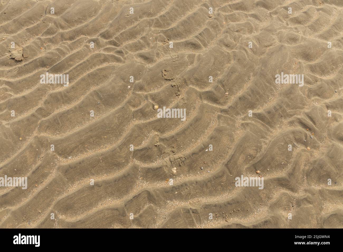Strutture e strutture nella sabbia con bassa marea sulla spiaggia di Lakolk, isola di Roma, Danimarca Foto Stock