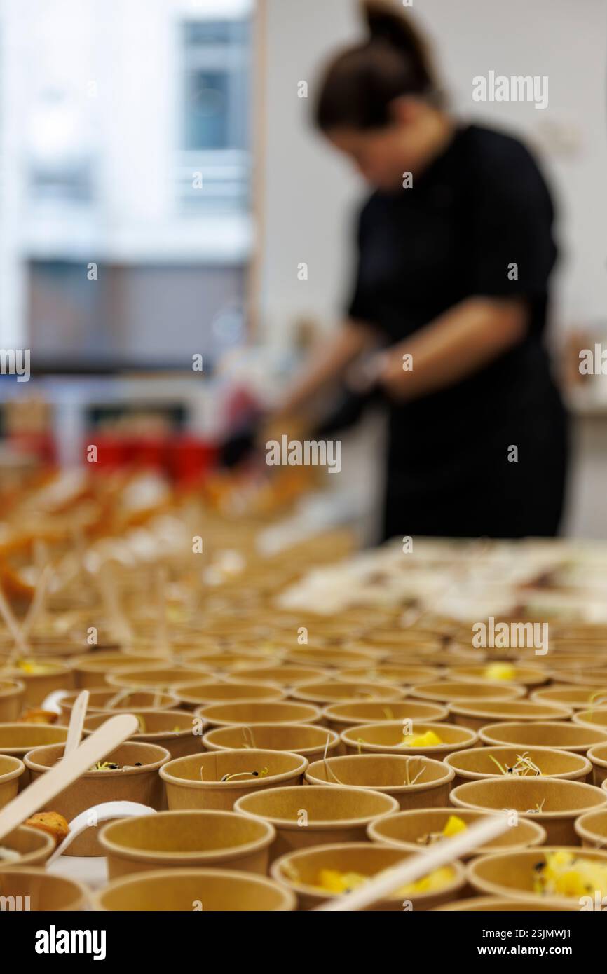 Preparazione e placcatura di singoli piatti da parte di un addetto alla ristorazione Foto Stock