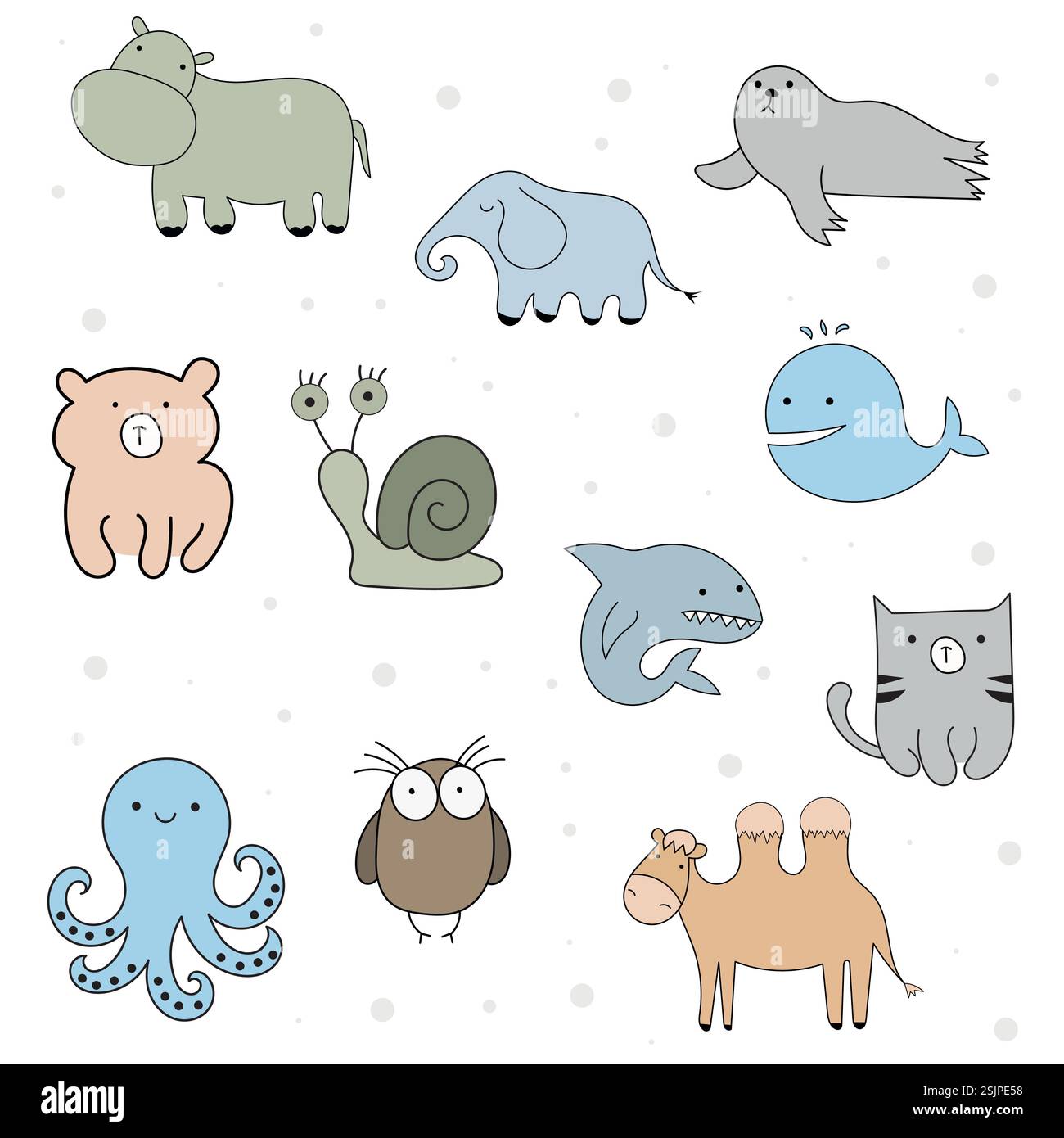 Cartoni animati vettoriali, un grande set di simpatici animali scarabocchi Illustrazione Vettoriale