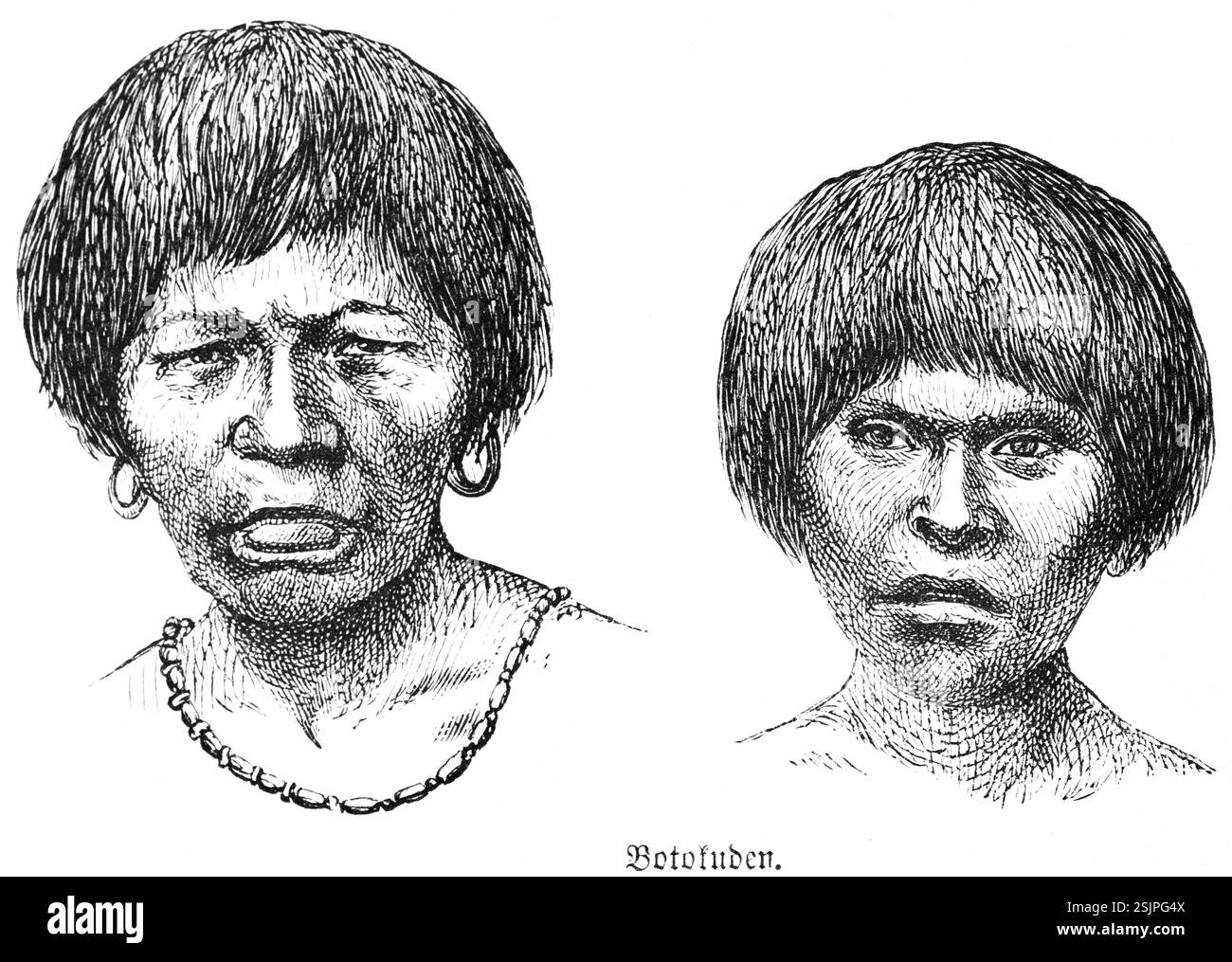 Ritratto di due Botokuden della popolazione indigena brasiliana, membri del gruppo etnico vivono nella foresta pluviale amazzonica e nella vicina Mountaino Foto Stock