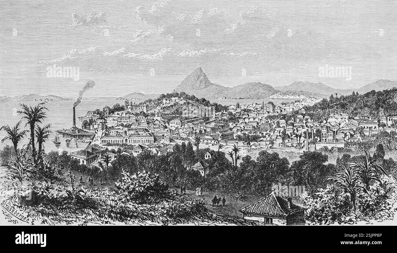 Vista della città di Rio de Janeiro sull'Oceano Atlantico, paesaggio collinare sulla riva del mare, oggi regione metropolitana, centro economico, vegetazione tropicale, t Foto Stock