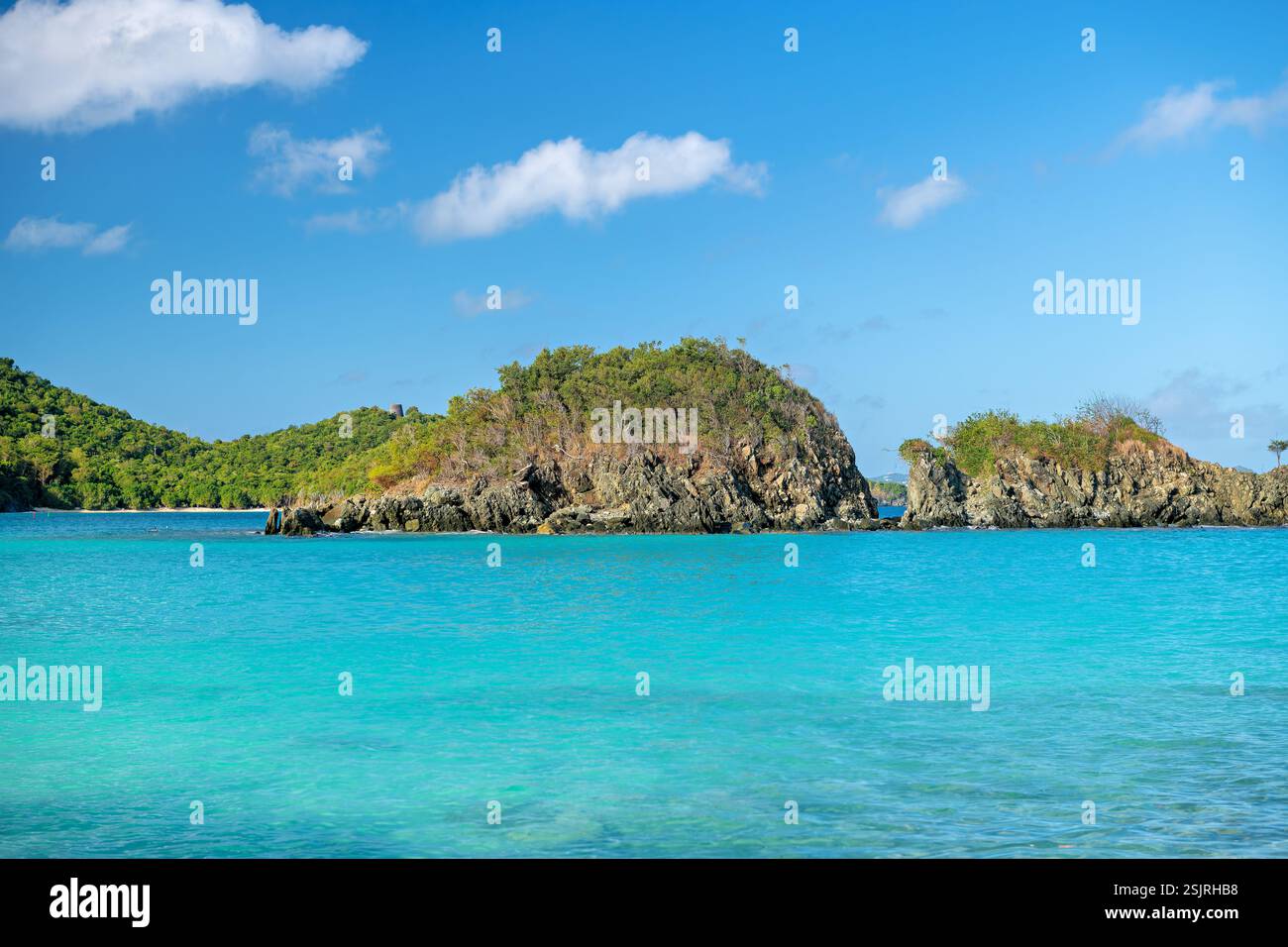 ST. JOHN, Isole Vergini americane - Trunk Cay, un piccolo isolotto roccioso, si trova all'interno delle acque protette di Trunk Bay nel Virgin Islands National Park. Il Cay aiuta a proteggere il sistema corallino della baia e il sentiero per lo snorkeling. Questa caratteristica naturale segna il bordo occidentale della principale area di nuoto della baia. Foto Stock