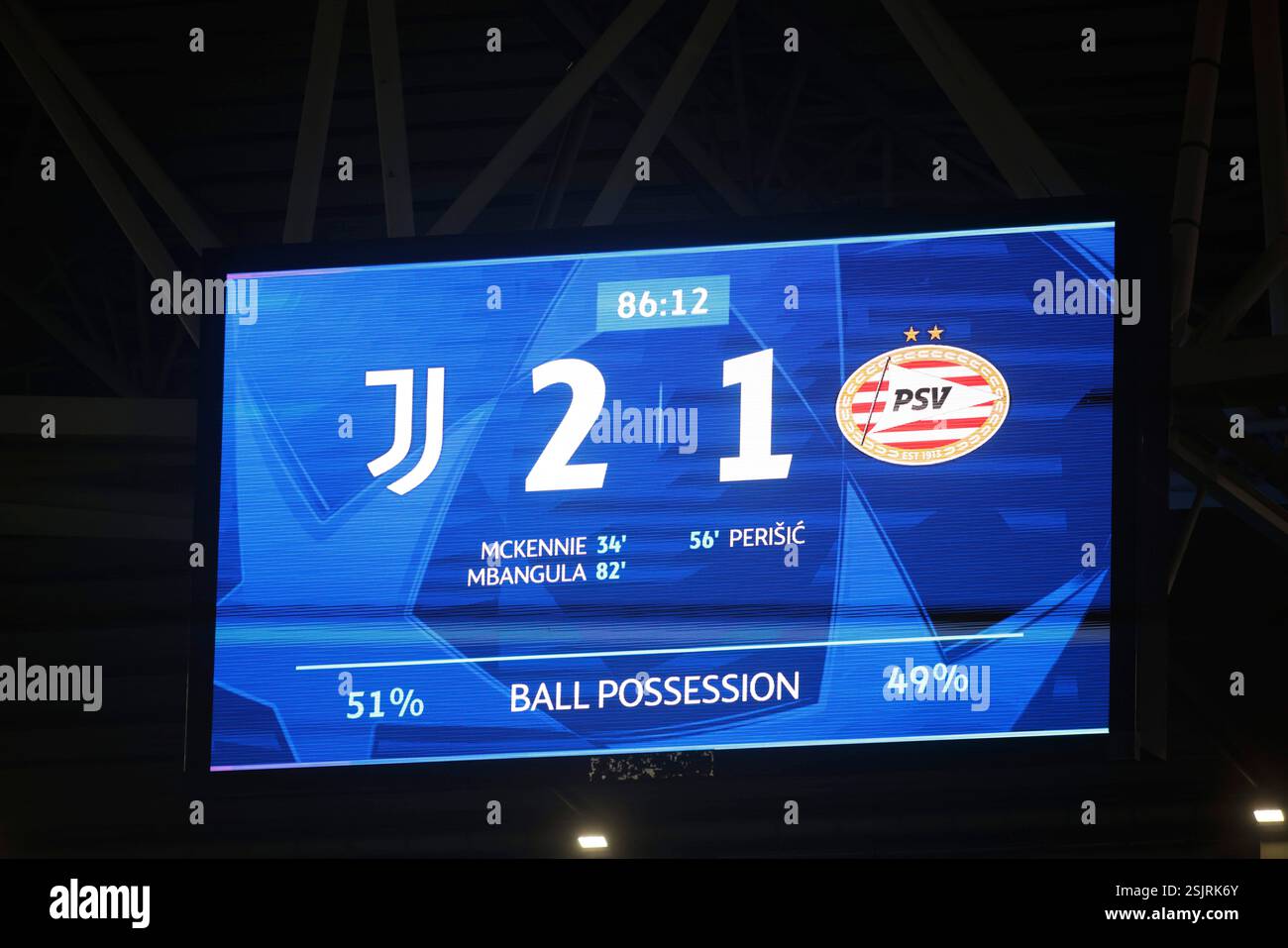 Torino, Italia. 11 febbraio 2025. Punteggio finale durante la partita di andata e ritorno della UEFA Champions League tra Juventus FC e PSV Eindhoven. L'11 febbraio 2025 allo stadio Allianz di Torino. Crediti: Nderim Kaceli/Alamy Live News Foto Stock