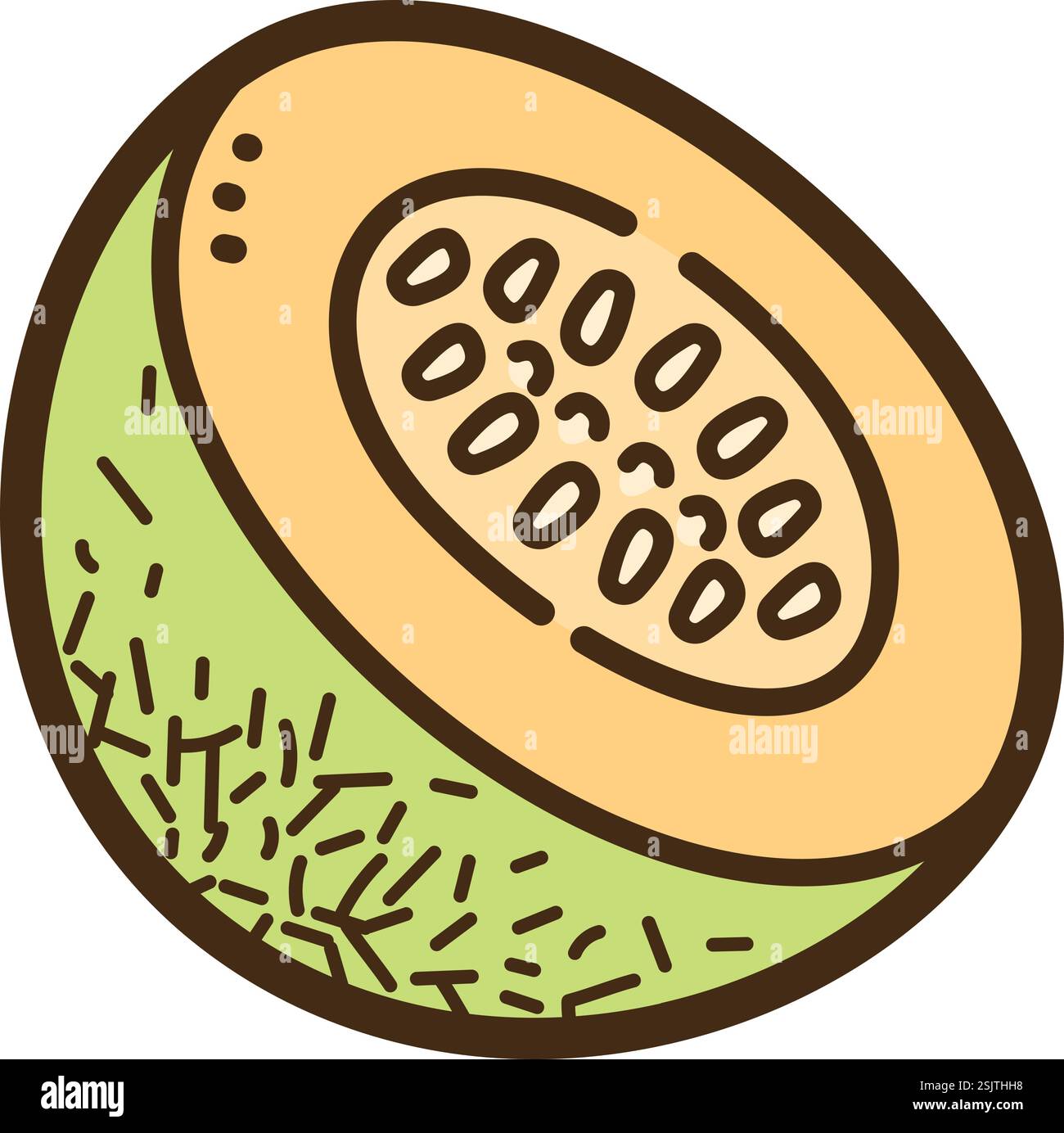 Illustrazione e grafica del doodle vettoriale del melone tagliato a metà. Parte della categoria di fette di frutta. Illustrazione Vettoriale