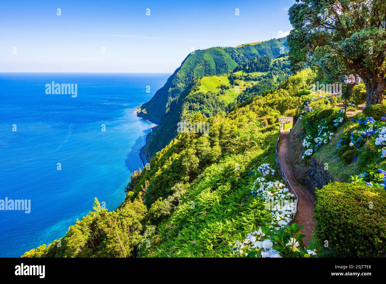 Percorso costiero lungo l'oceano nei giardini tropicali di Ponta do Sossego, isola di Sao Miguel, Azzorre, Portogallo Foto Stock