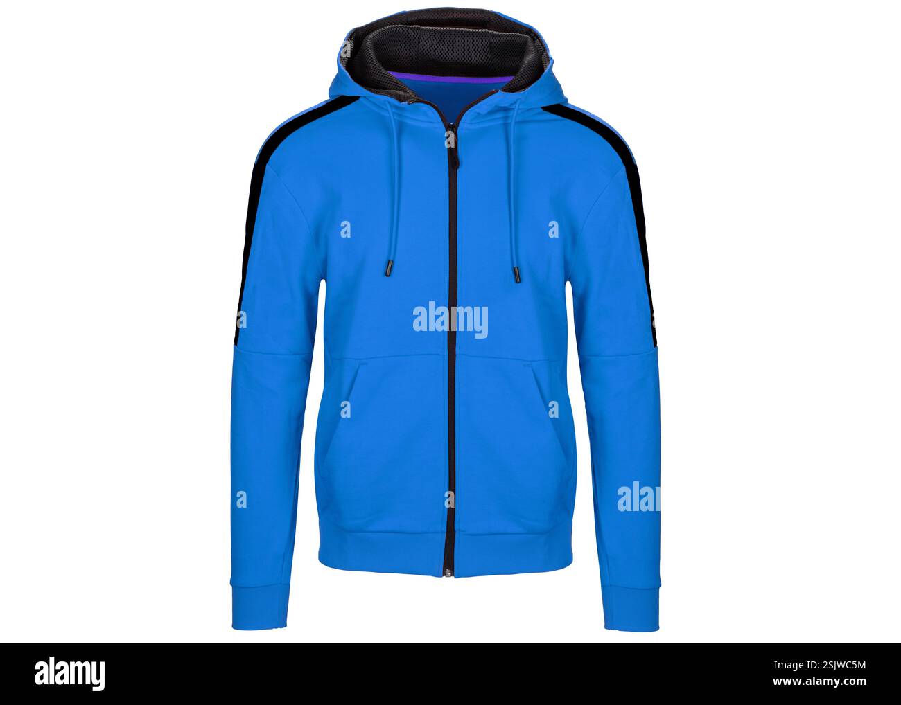 Felpa con cappuccio e zip blu con dettagli neri Foto Stock