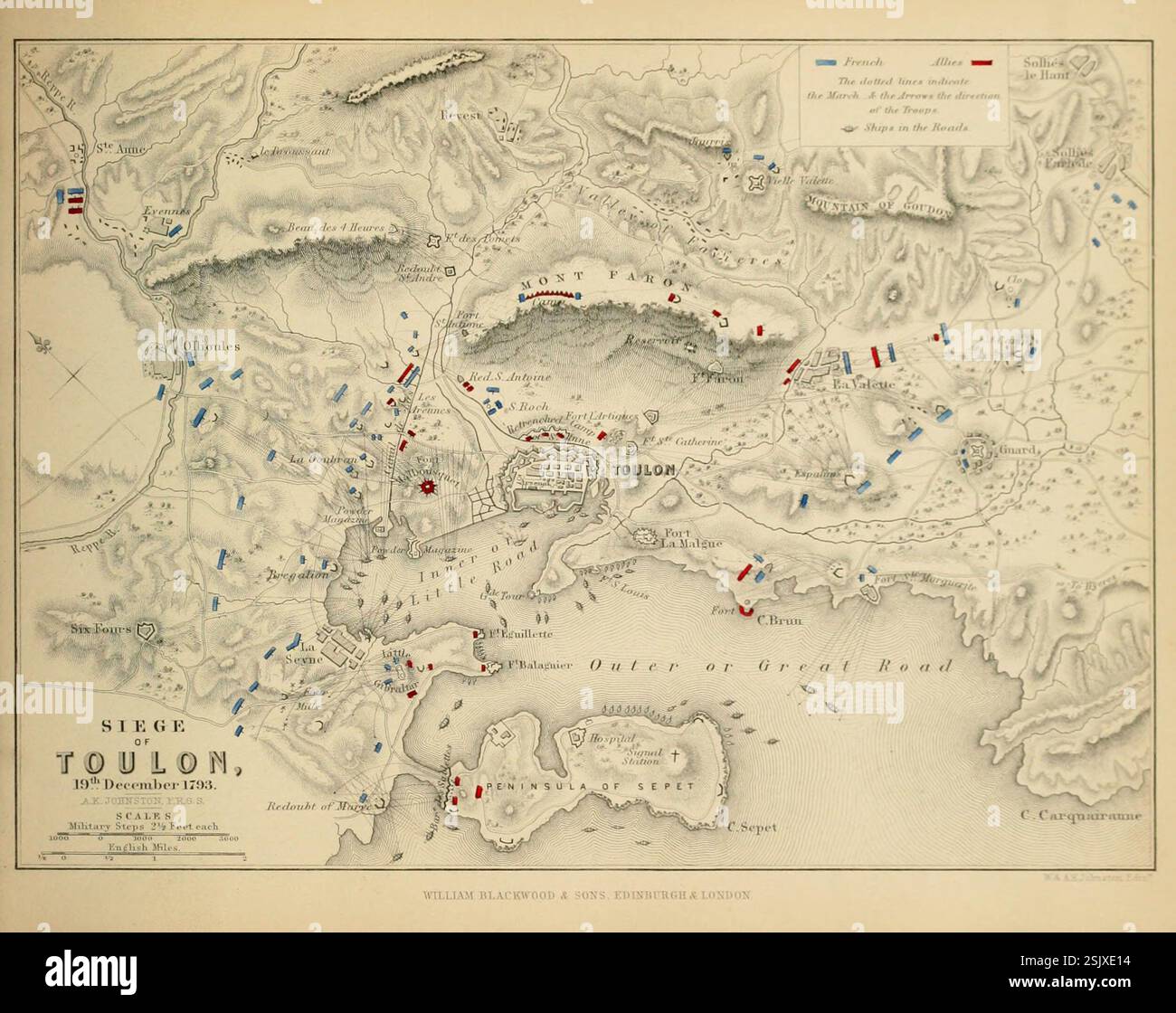 Piano d'assedio di Tolone, Francia, 19 dicembre 1893. Mappa militare storica di Alexander Keith Johnston, prodotta nel XIX secolo Foto Stock