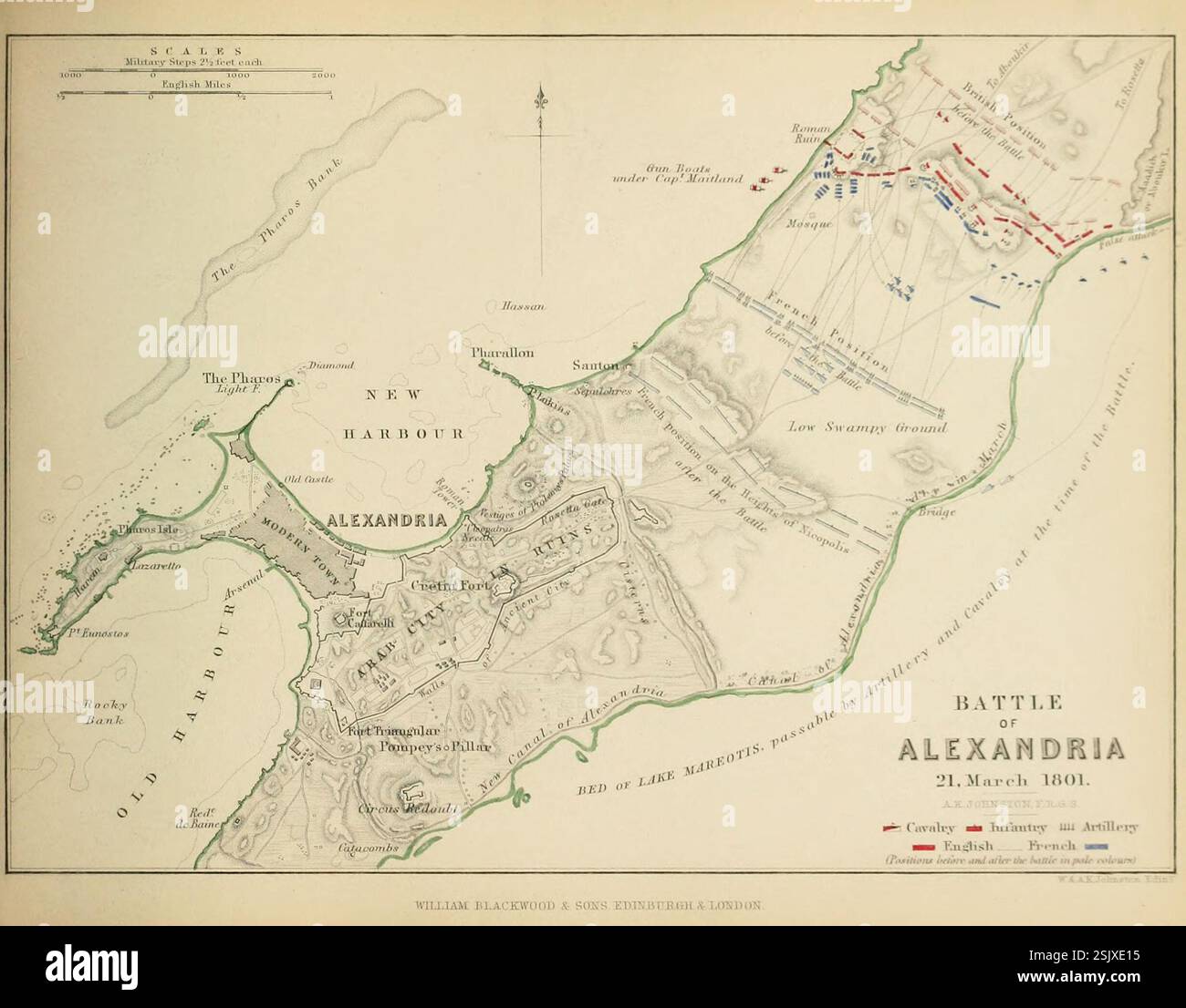 Piano della Battaglia di Alessandria, Egitto, 21 marzo 1801. Mappa militare storica di Alexander Keith Johnston, prodotta nel XIX secolo Foto Stock
