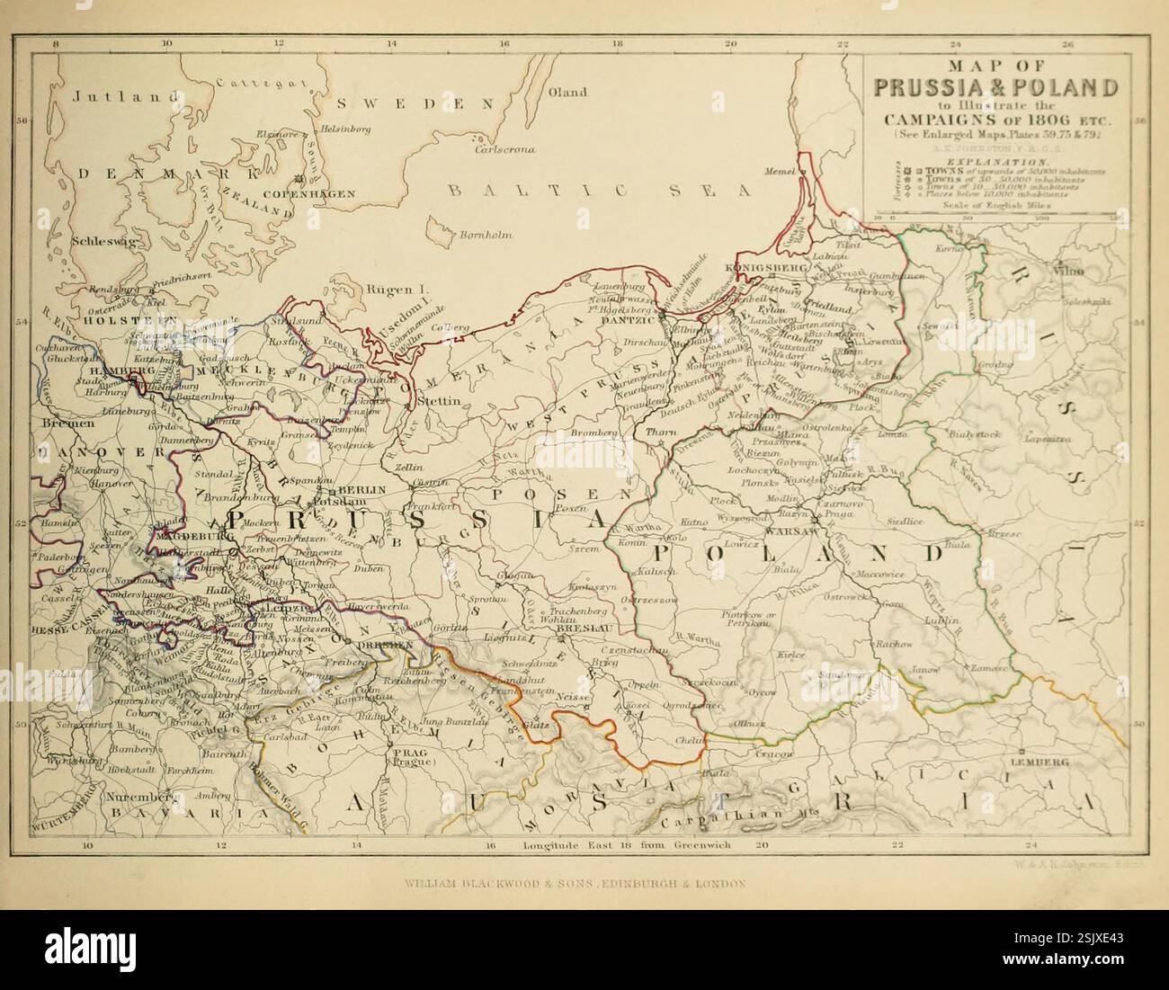 Mappa della Prussia e della Polonia per illustrare le campagne del 1806. Mappa militare storica di Alexander Keith Johnston, prodotta nel XIX secolo Foto Stock