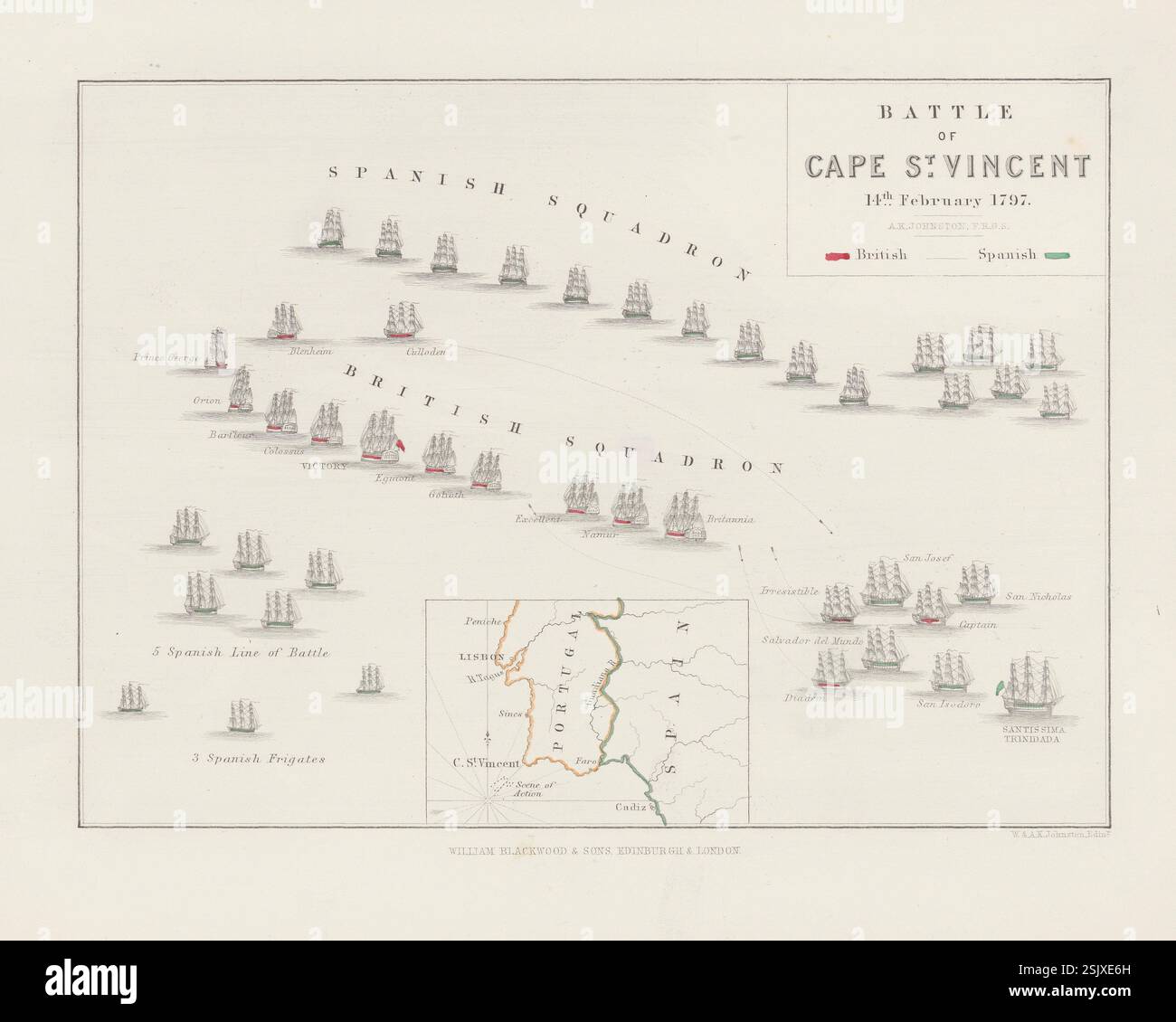 Piano della Battaglia di Capo San Vincenzo, della costa del Portogallo, 14 febbraio 1797. Mappa militare storica di Alexander Keith Johnston, prodotta nel XIX secolo Foto Stock