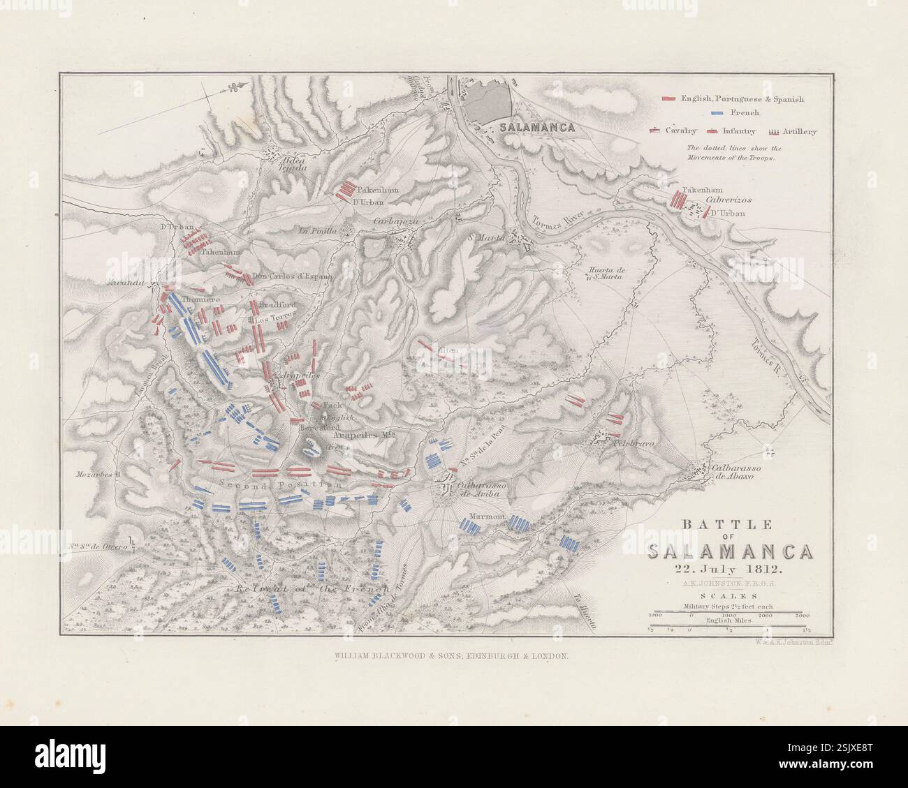 Piano della Battaglia di Salamanca, Spagna, 22 luglio 1812. Mappa militare storica di Alexander Keith Johnston, prodotta nel XIX secolo Foto Stock